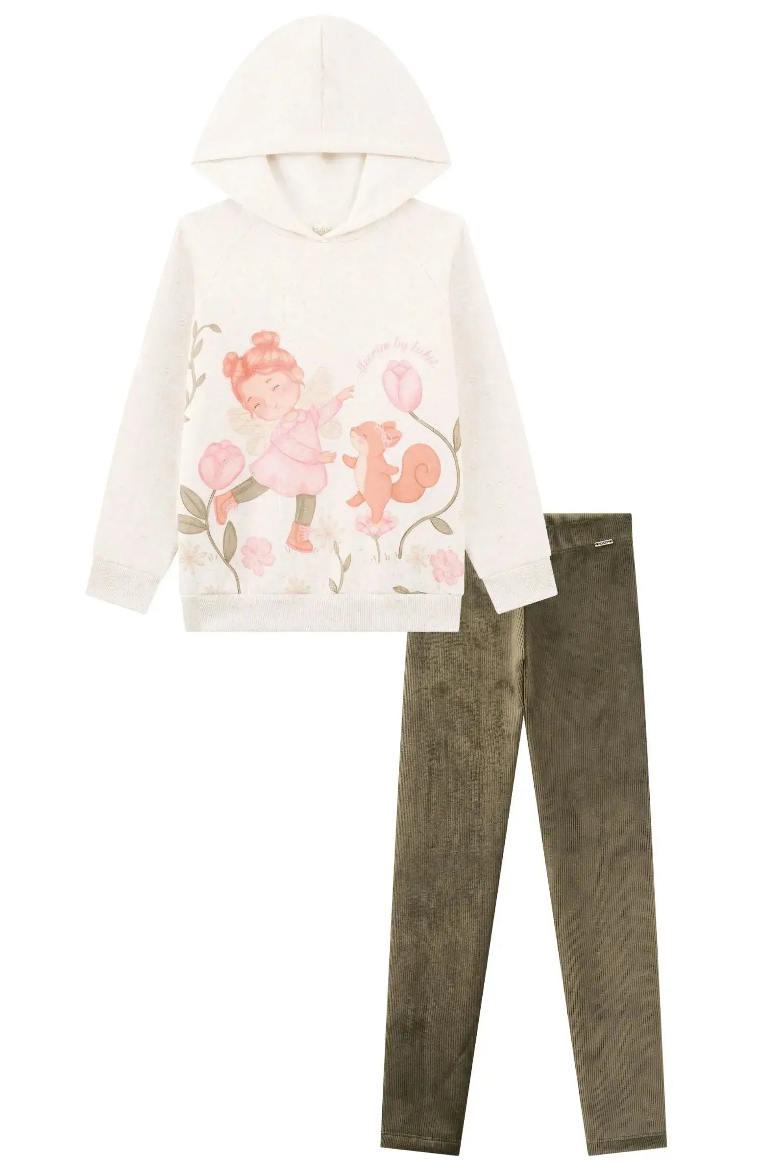 Conjunto de Blusão Alongado em Moletom Linho com Pelúcia e Calça Legging em Cotelê Suede 89911 Kukiê Infantil Menina