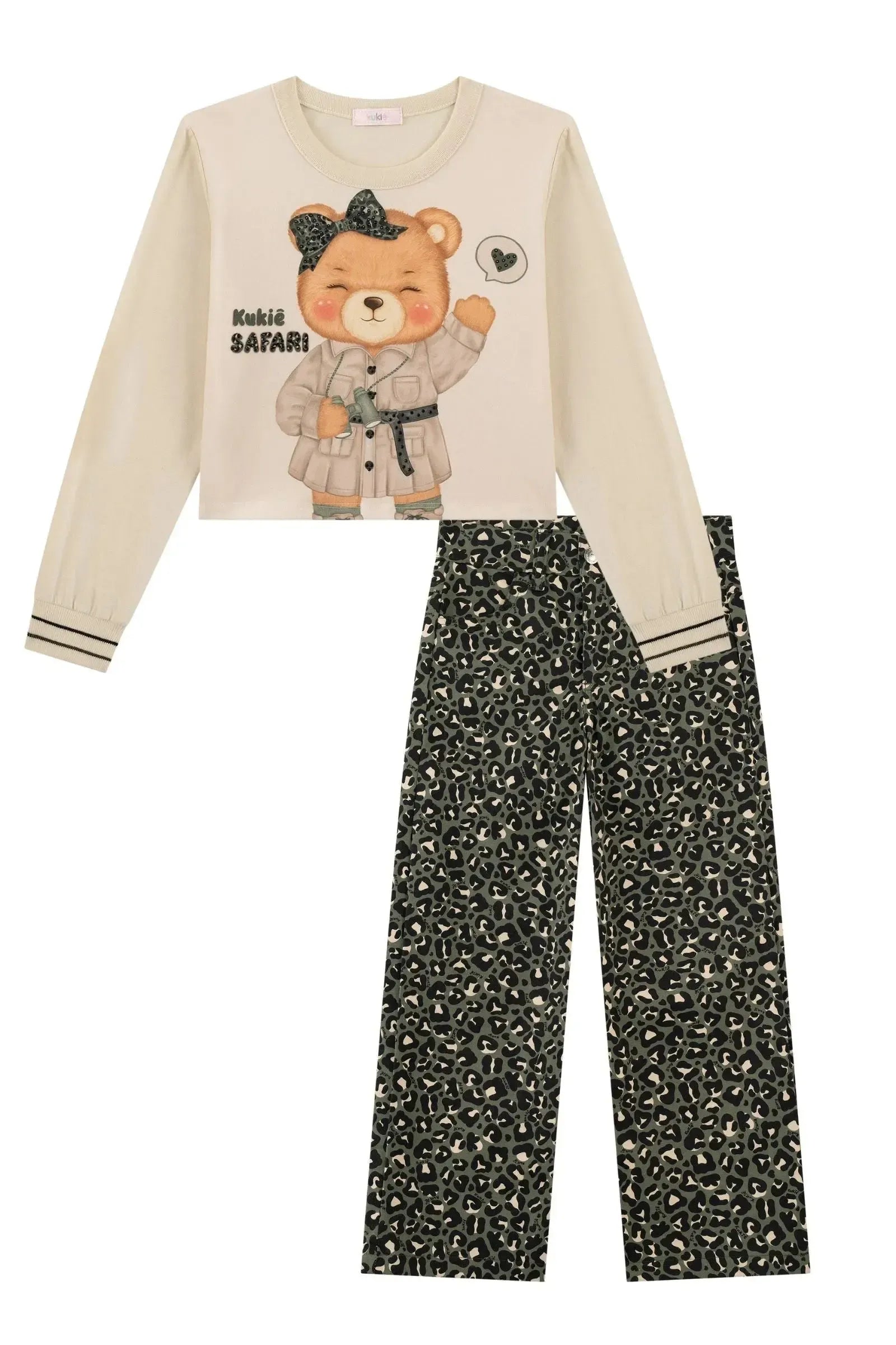 Conjunto de Blusa Boxy em Meia Malha e Calça Reta em Sarja com Elastano 90676 Kukiê Infantil Menina