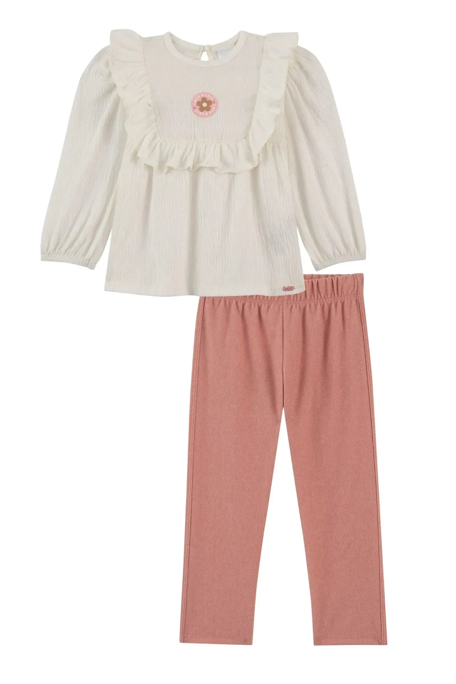 Conjunto de Bata em Malha Wave e Calça Legging em Cotton Jeans 92171 Kukiê Bebê Menina