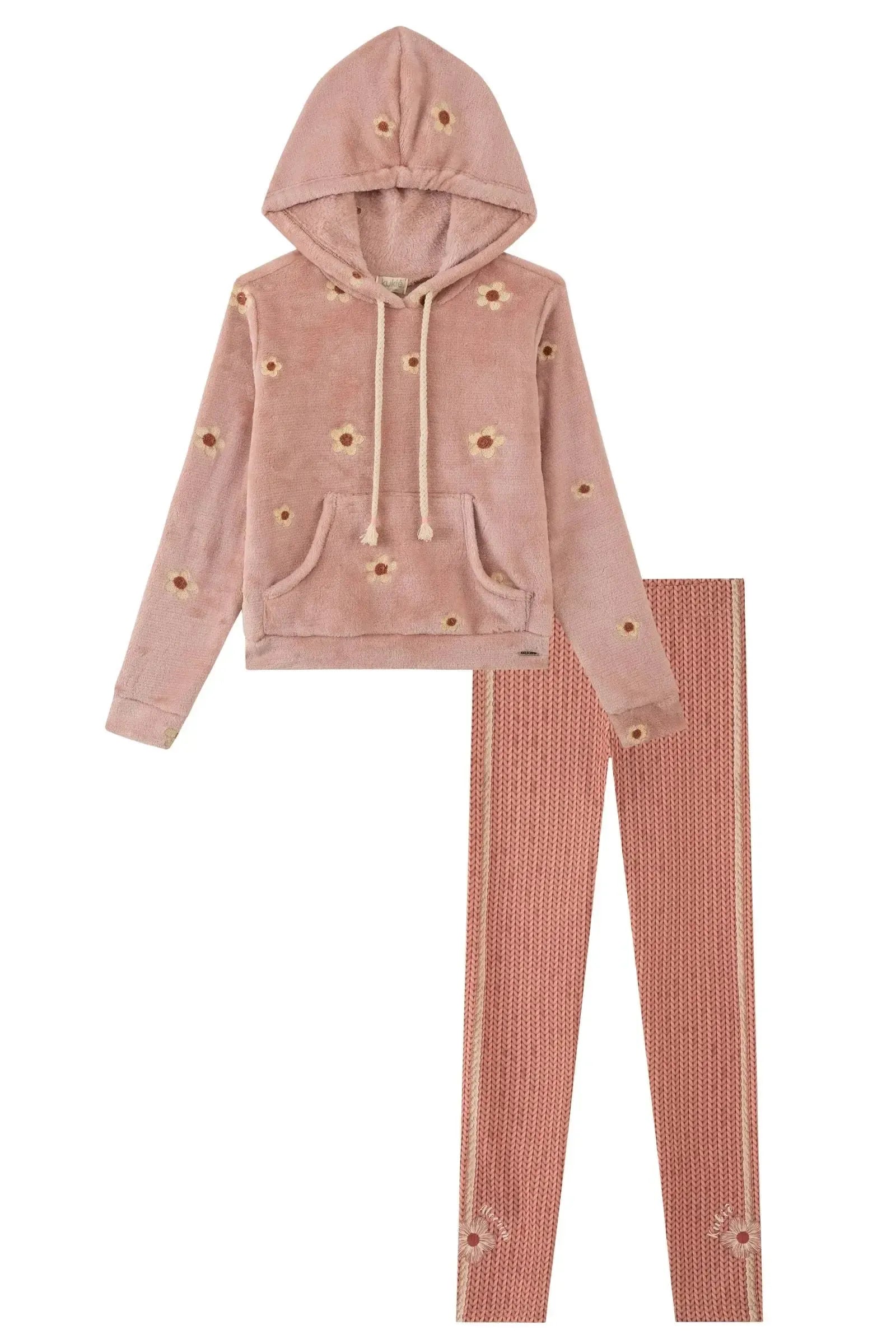 Conjunto de Blusão em Pêlo Bordado e Calça Legging em Termoskin Peluciado 92445 Kukiê Infantil Menina