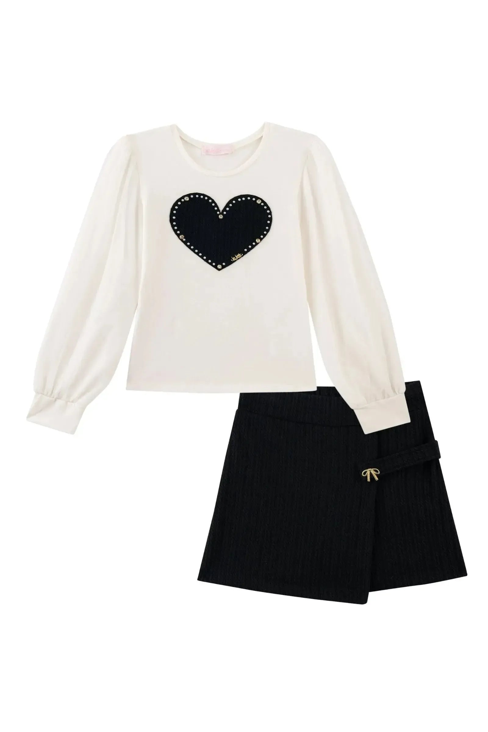 Conjunto de Blusa em Cotton e Tule com Elastano e Short Saia em Malha Jacquard Tricot 91813 Kukiê Infantil Menina