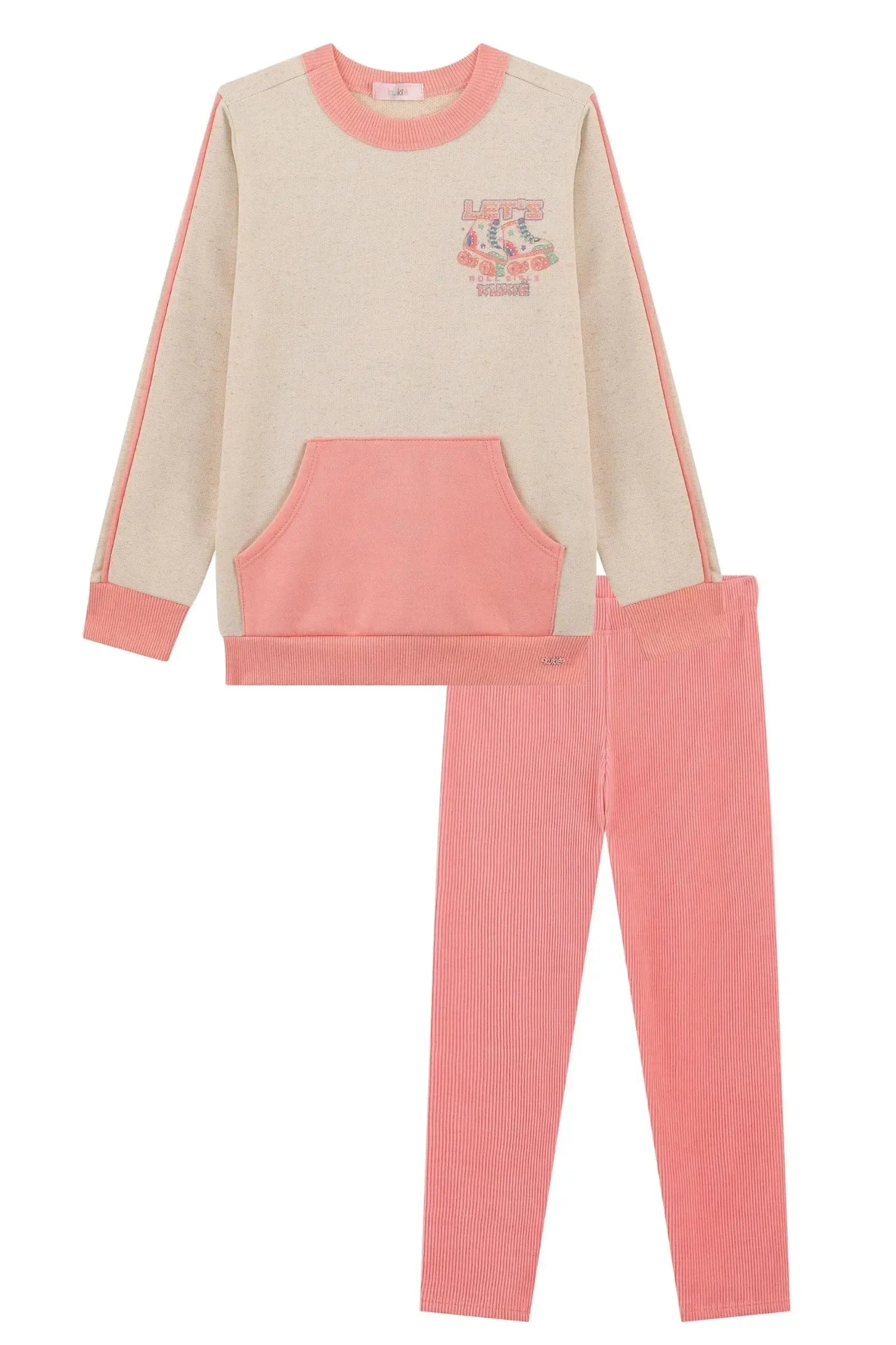 Conjunto de Blusão Alongado em Moletom Linho S/ Pelúcia e Calça Legging em Soft Line 90654 Kukiê Infantil Menina