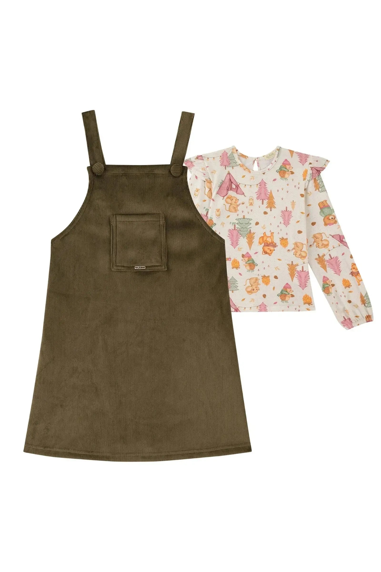 Conjunto de Blusa em Malha Comfy e Salopete em Cotelê Suede 89912 Kukiê Infantil Menina
