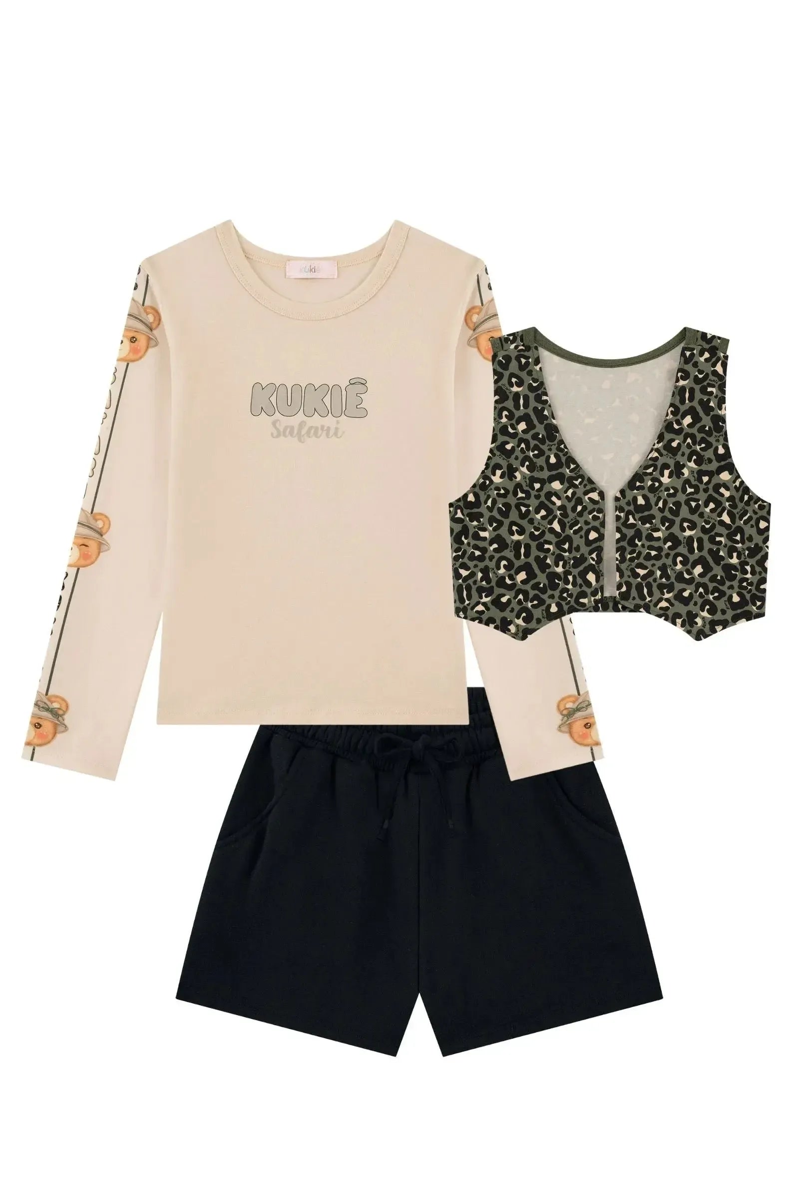 Trio de Blusa em Cotton Short em Moletom com Pelúcia e Colete em Sarja com Elastano 90671 Kukiê Infantil Menina