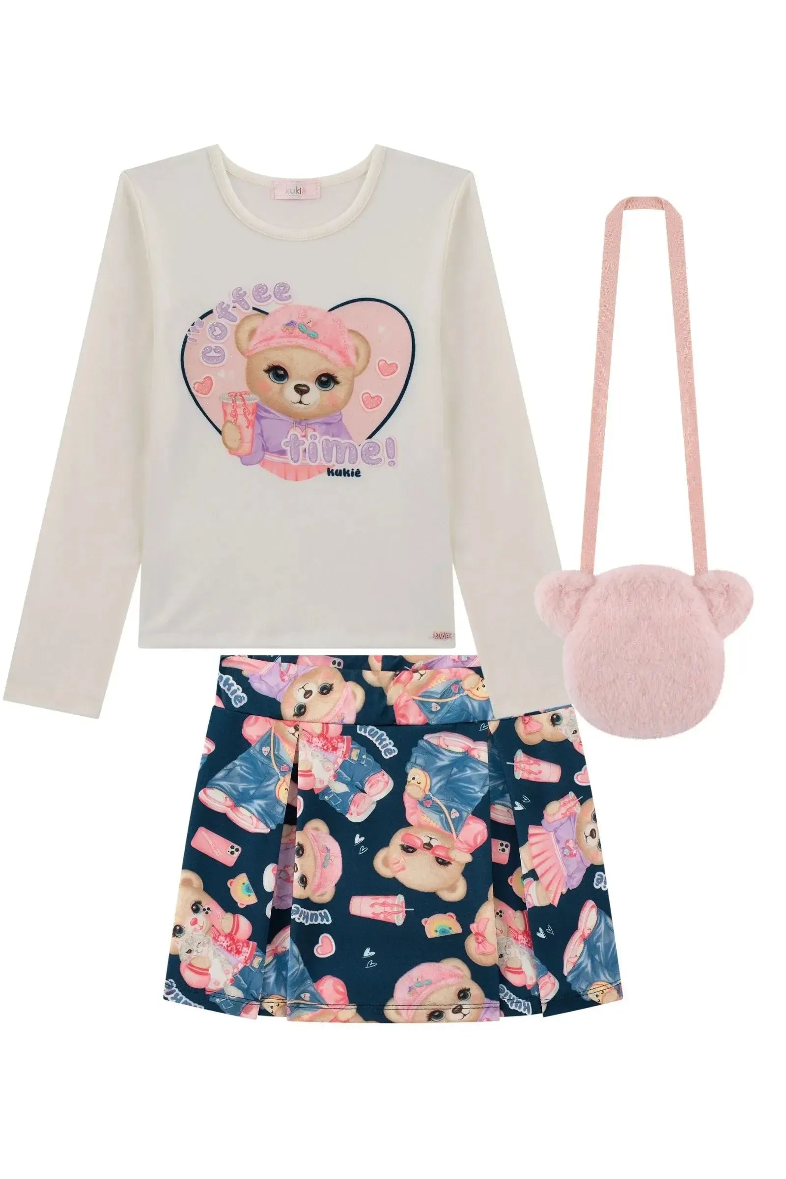 Conjunto de Blusa em Cotton e Short Saia em Termoskin (acompanha Bolsa em Pelo) 90612 Kukiê Infantil Menina