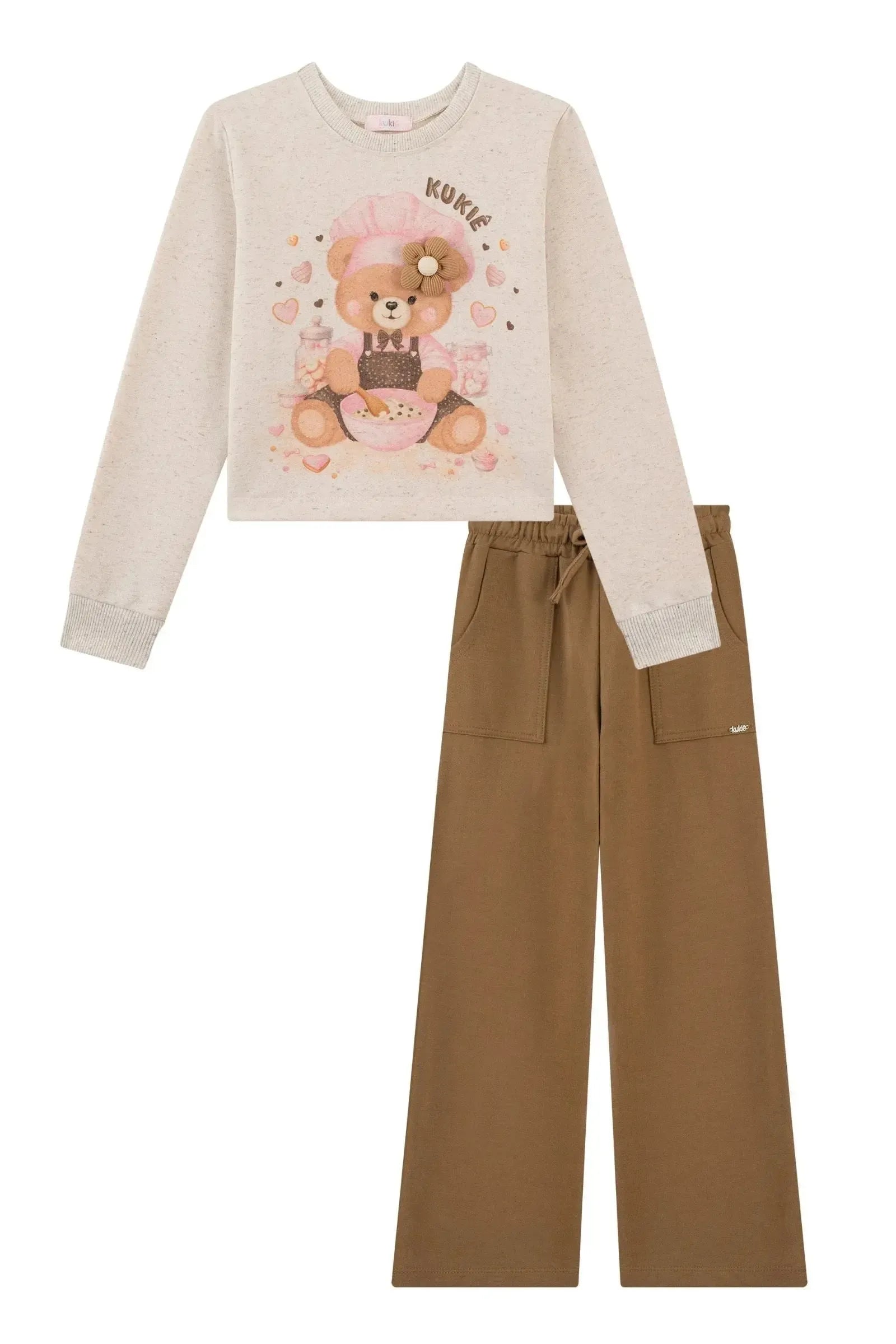 Conjunto de Blusão Boxy e Calça Wide Leg em Moletom sem Pelúcia 91691 Kukiê Infantil Menina