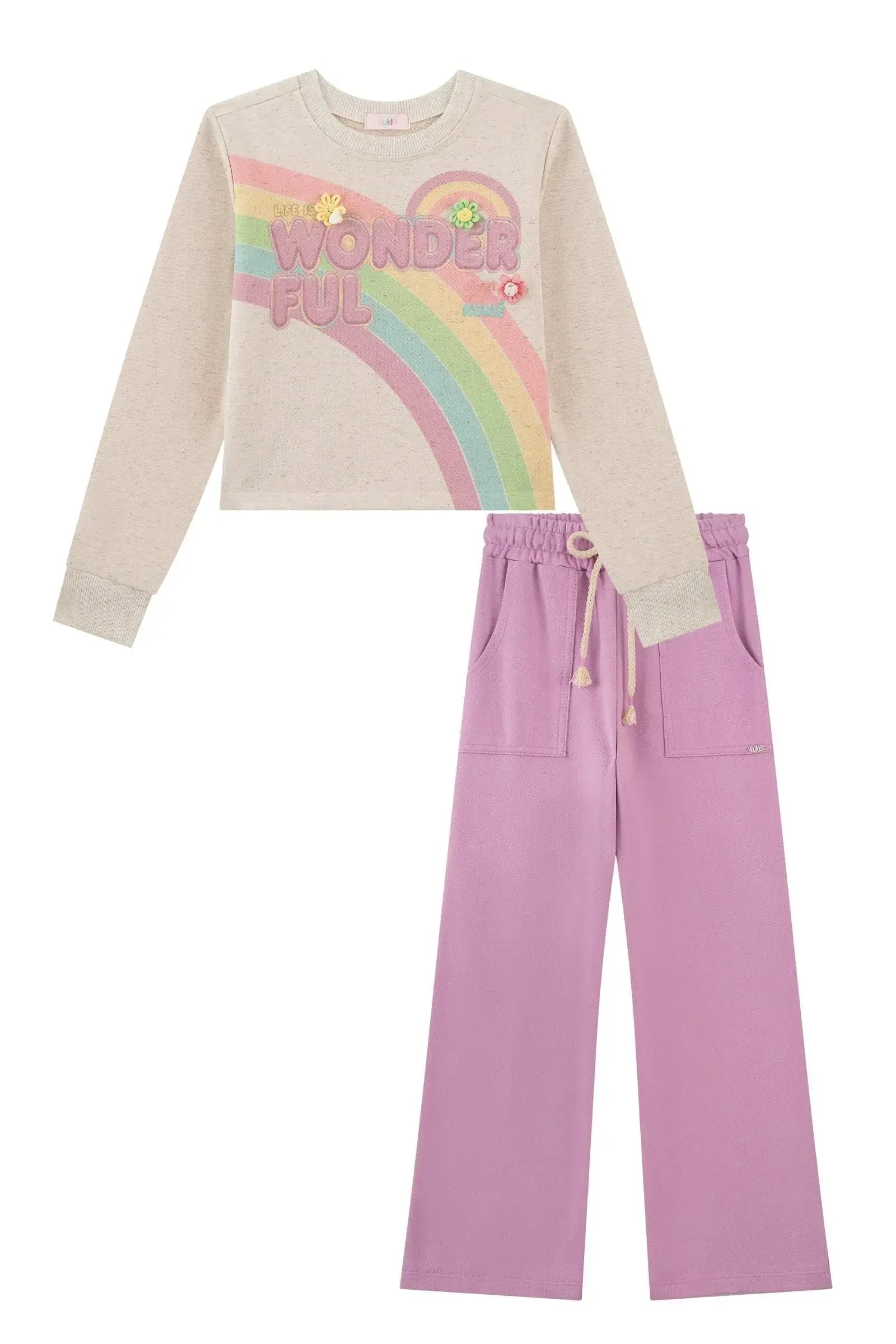 Conjunto de Blusa Boxy e Calça Wide Leg em Moletom sem Pelúcia 91706 Kukiê Infantil Menina