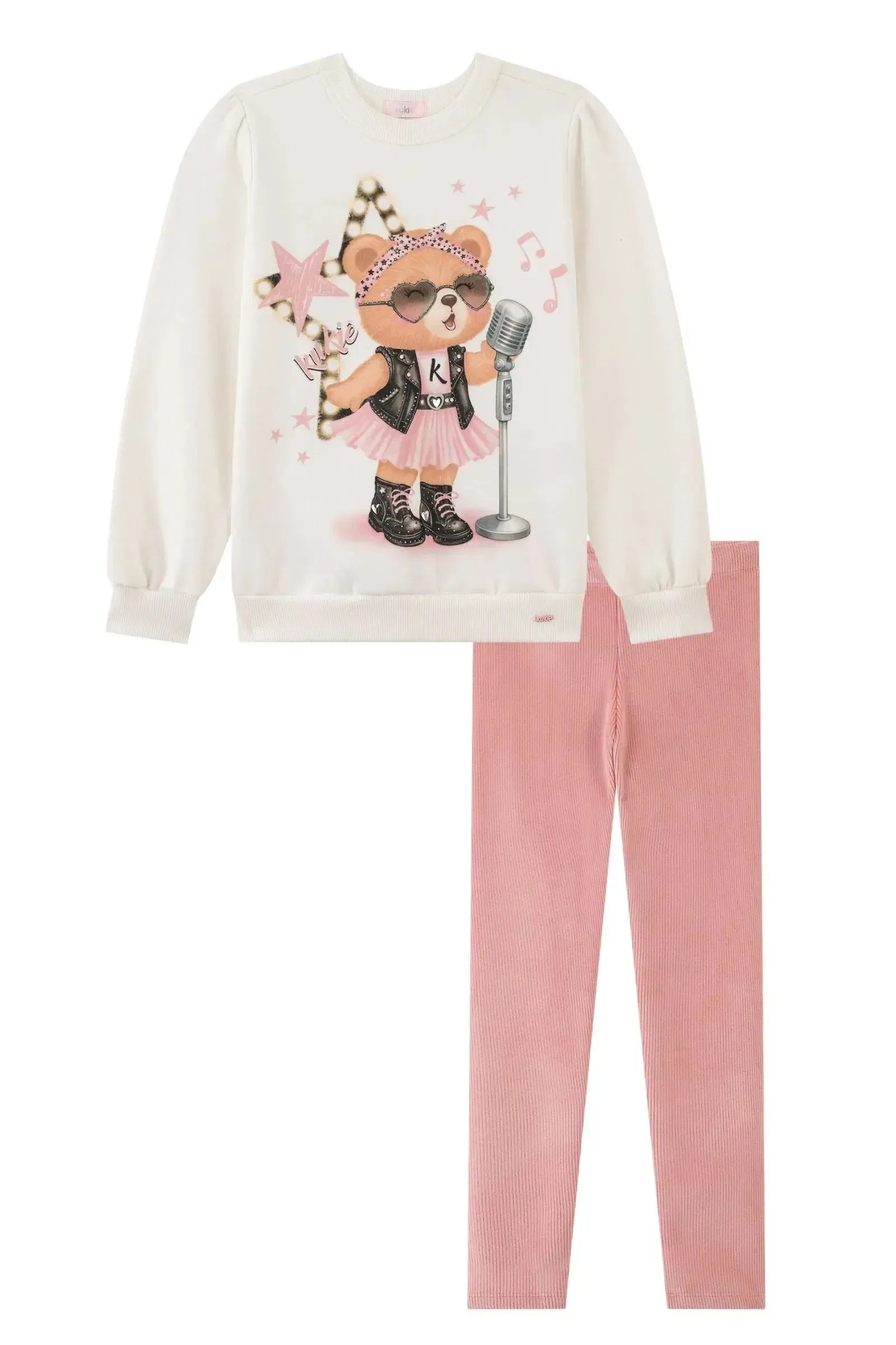 Conj. de Blusão Along. em Moletom C/ Pelúcia e Calça Legging em Fleece Cotelê com Elastano 90644 Kukiê Infantil Menina
