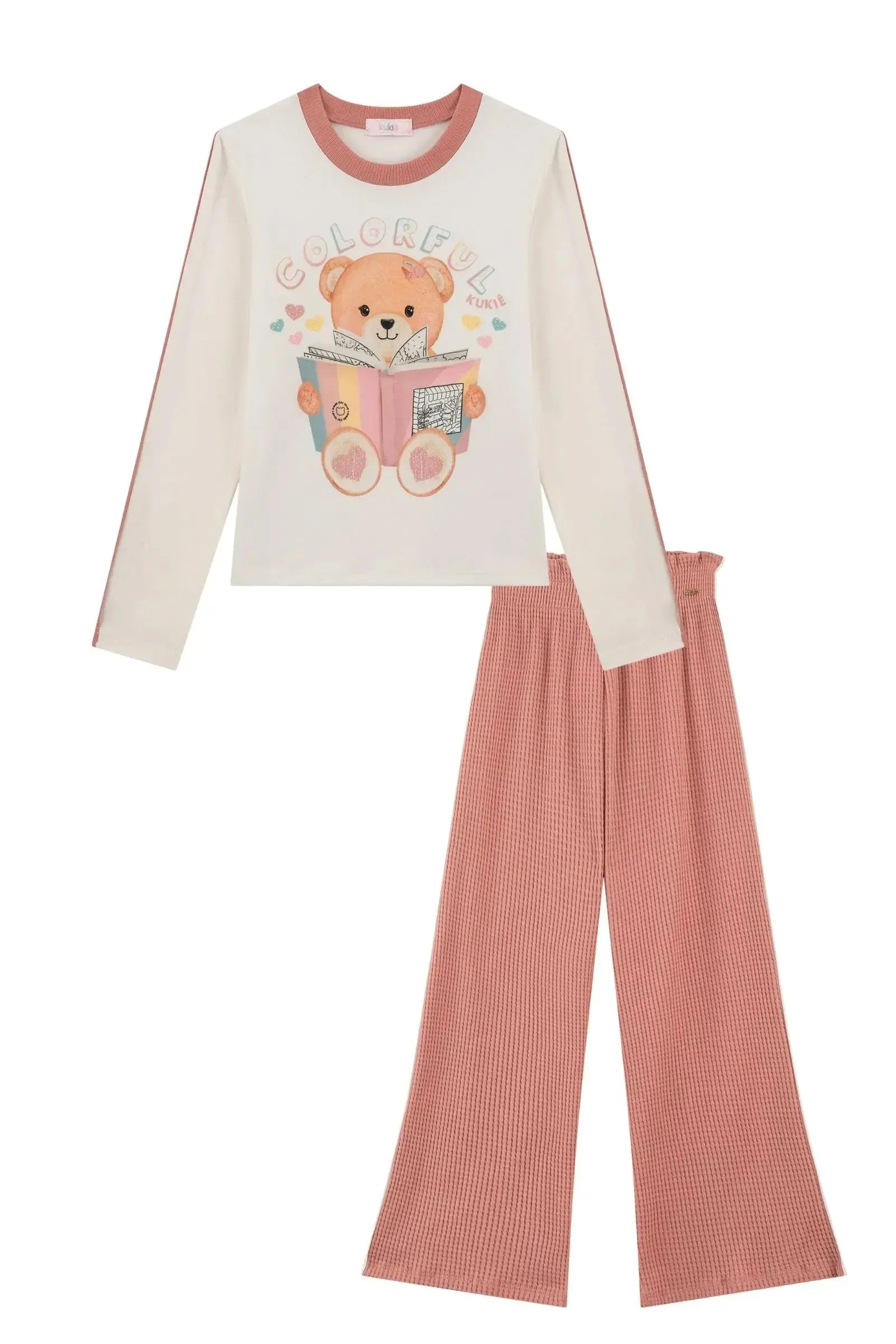 Conjunto de Blusa em Cotton e Calça em Malha Big Waffle 91718 Kukiê Infantil Menina