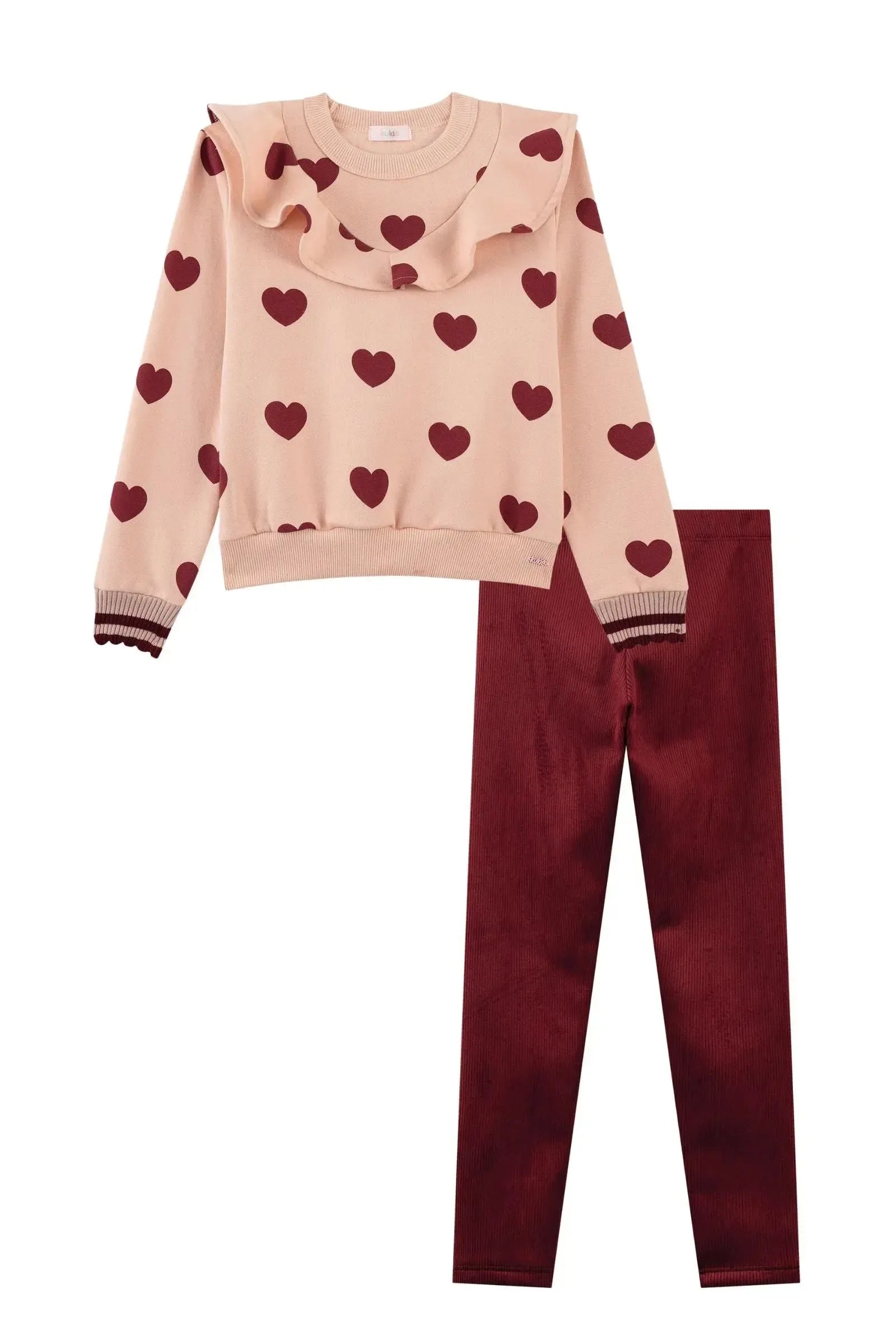 Conjunto de Blusão em Moletom com Pelúcia e Calça Legging em Canelado Cotelê 89841 Kukiê Infantil Menina