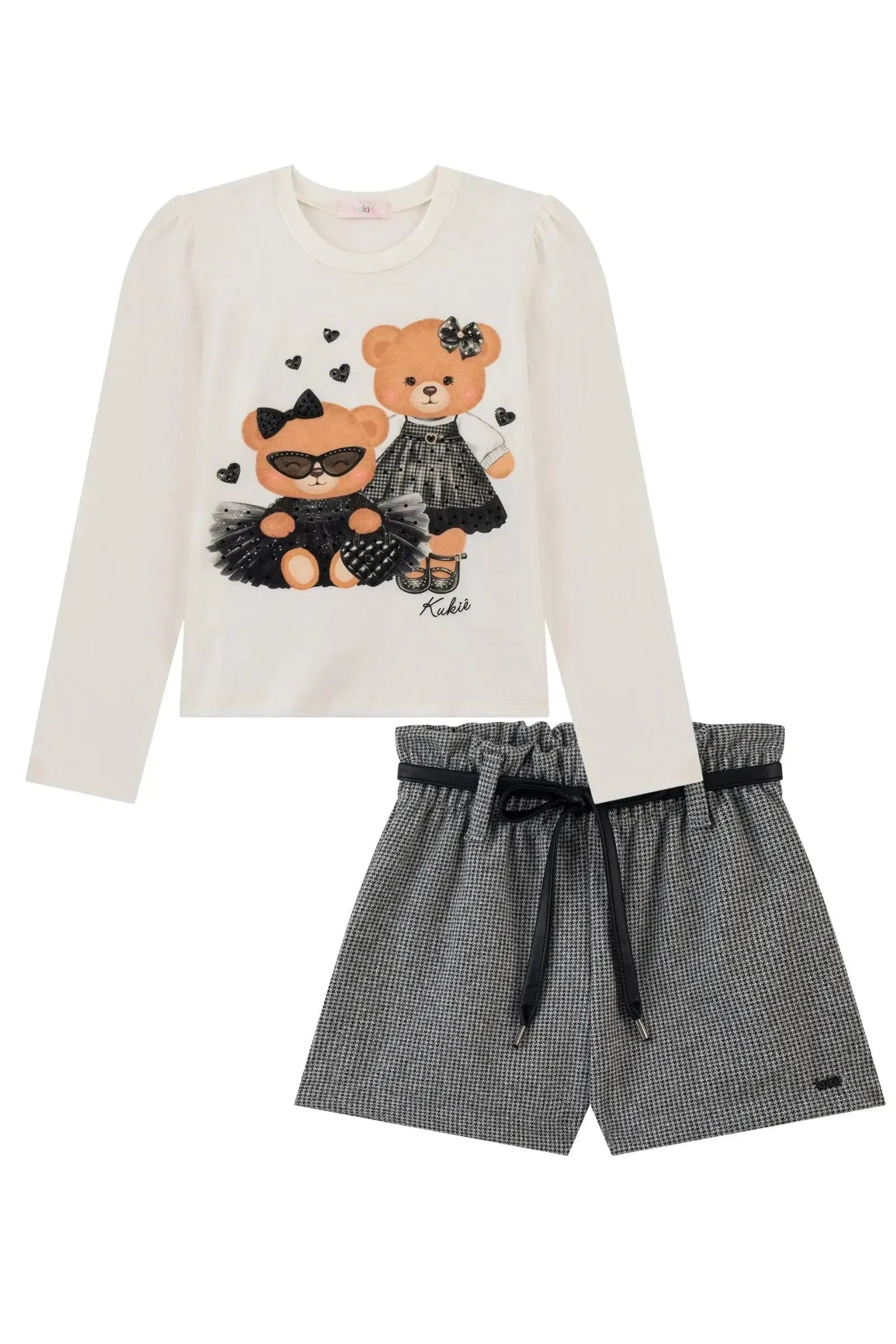 Conjunto de Blusa em Cotton e Shorts em Lã Pied de Poule 90672 Kukiê Infantil Menina
