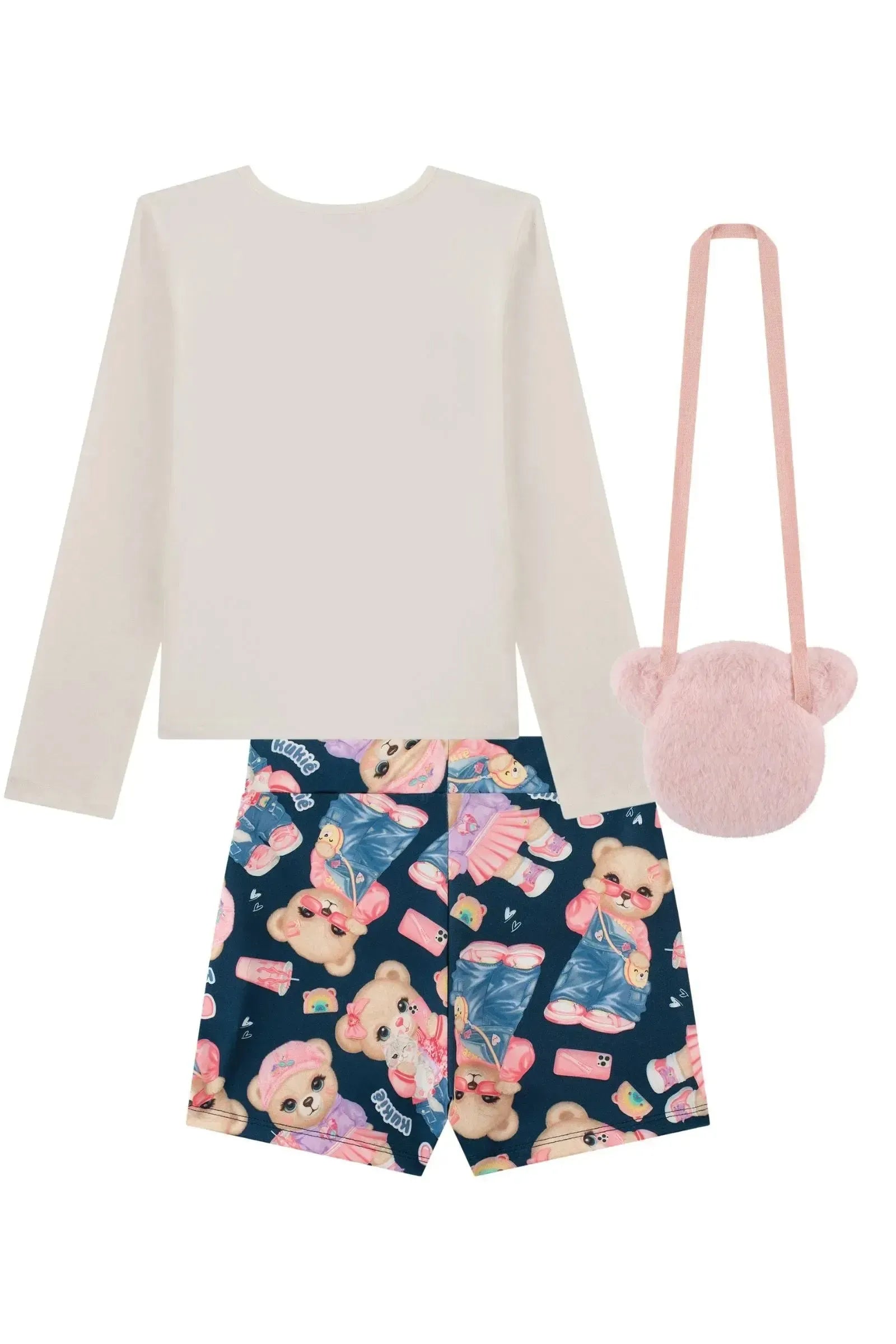 Conjunto de Blusa em Cotton e Short Saia em Termoskin (acompanha Bolsa em Pelo) 90612 Kukiê Infantil Menina