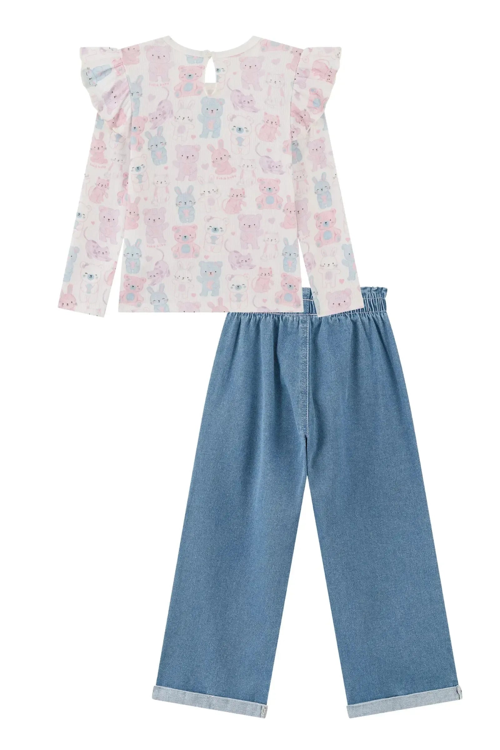 Conjunto de Blusa em Canelado Liz e Calça em Jeans Guga com Elastano 94241 Kukiê Infantil Menina