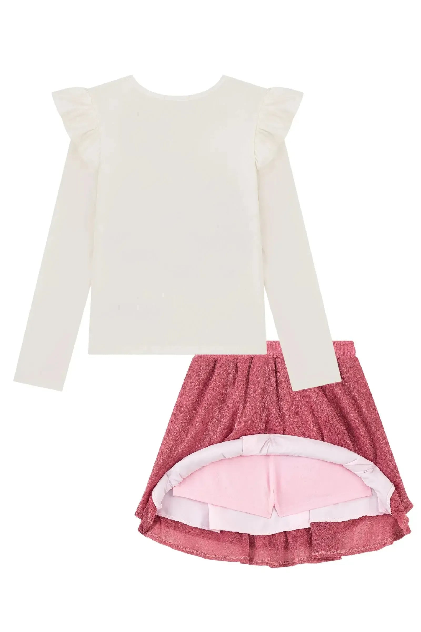 Conjunto de Blusa em Cotton e Saia em Malha Plissada Acetinada (com Shorts Embutido) 93191 Kukiê Infantil Menina
