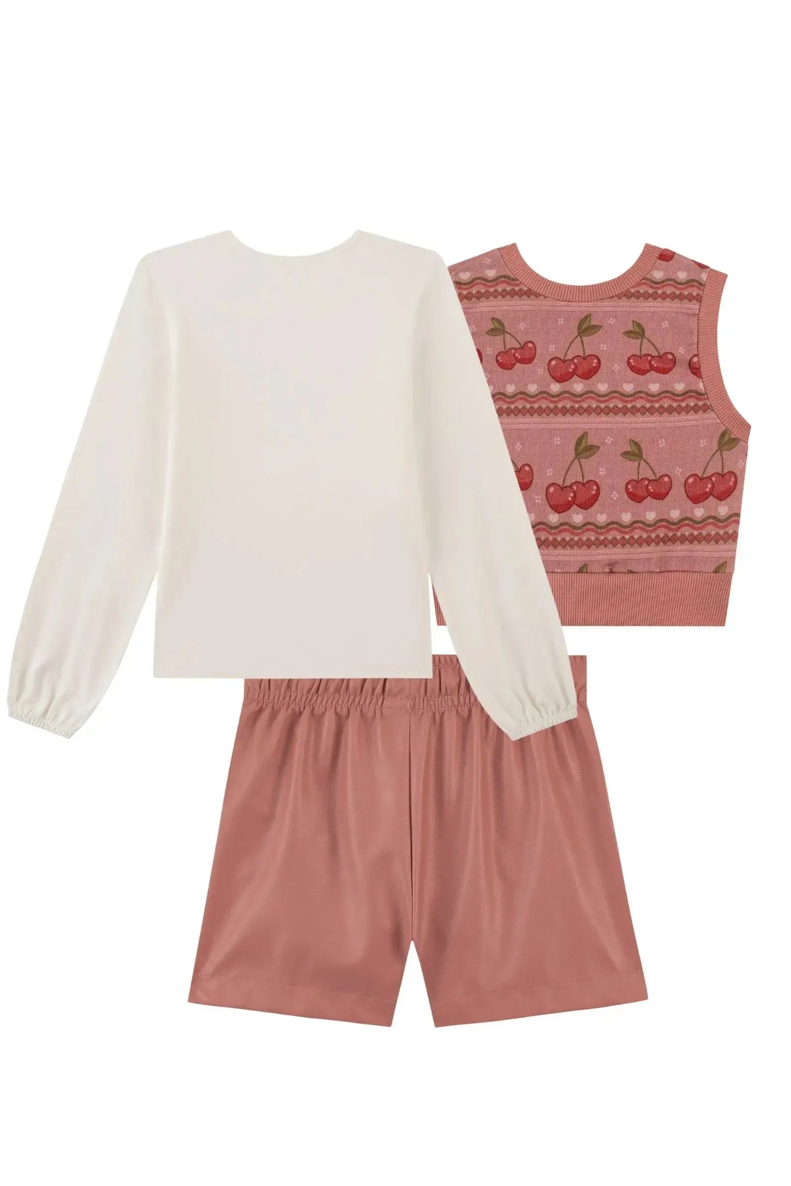 Trio de Blusa em Cotton Shorts em Couro Eco e Colete em Molecotton 92644 Kukiê Infantil Menina