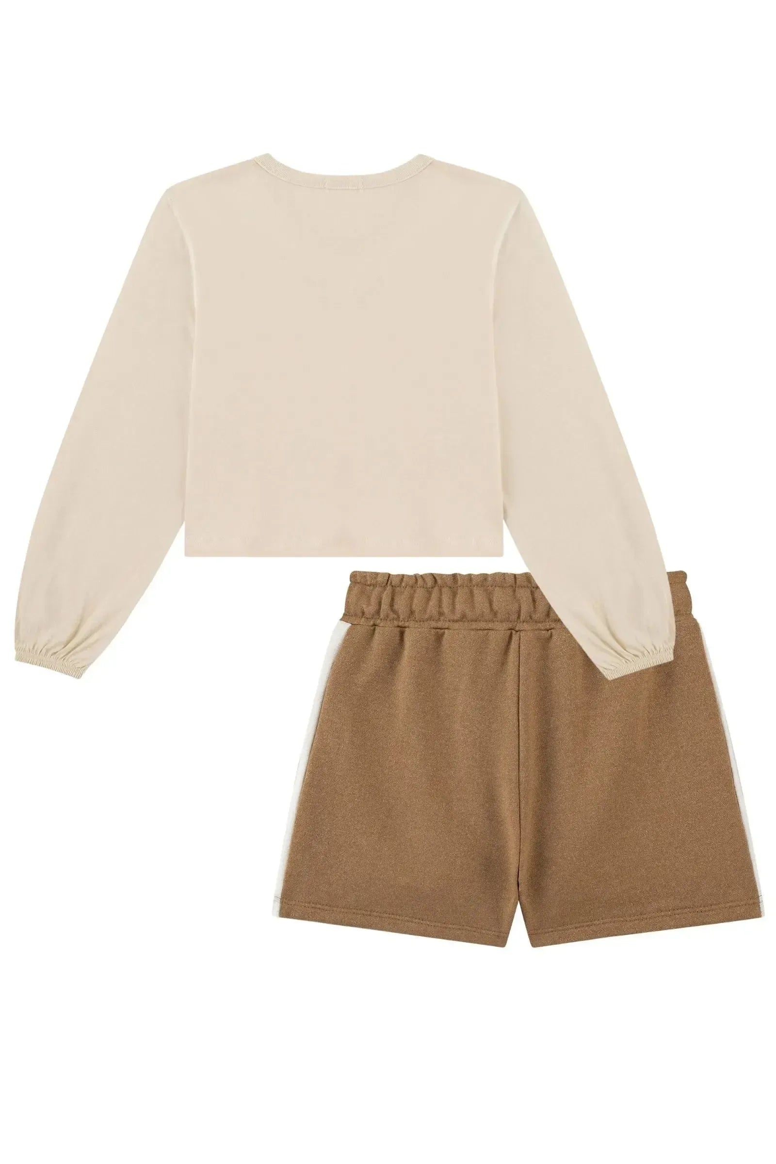 Conjunto de Blusa Boxy Over em Meia Malha e Shorts em Moletom Rajado sem Pelúcia 89592 Kukiê Infantil Menina