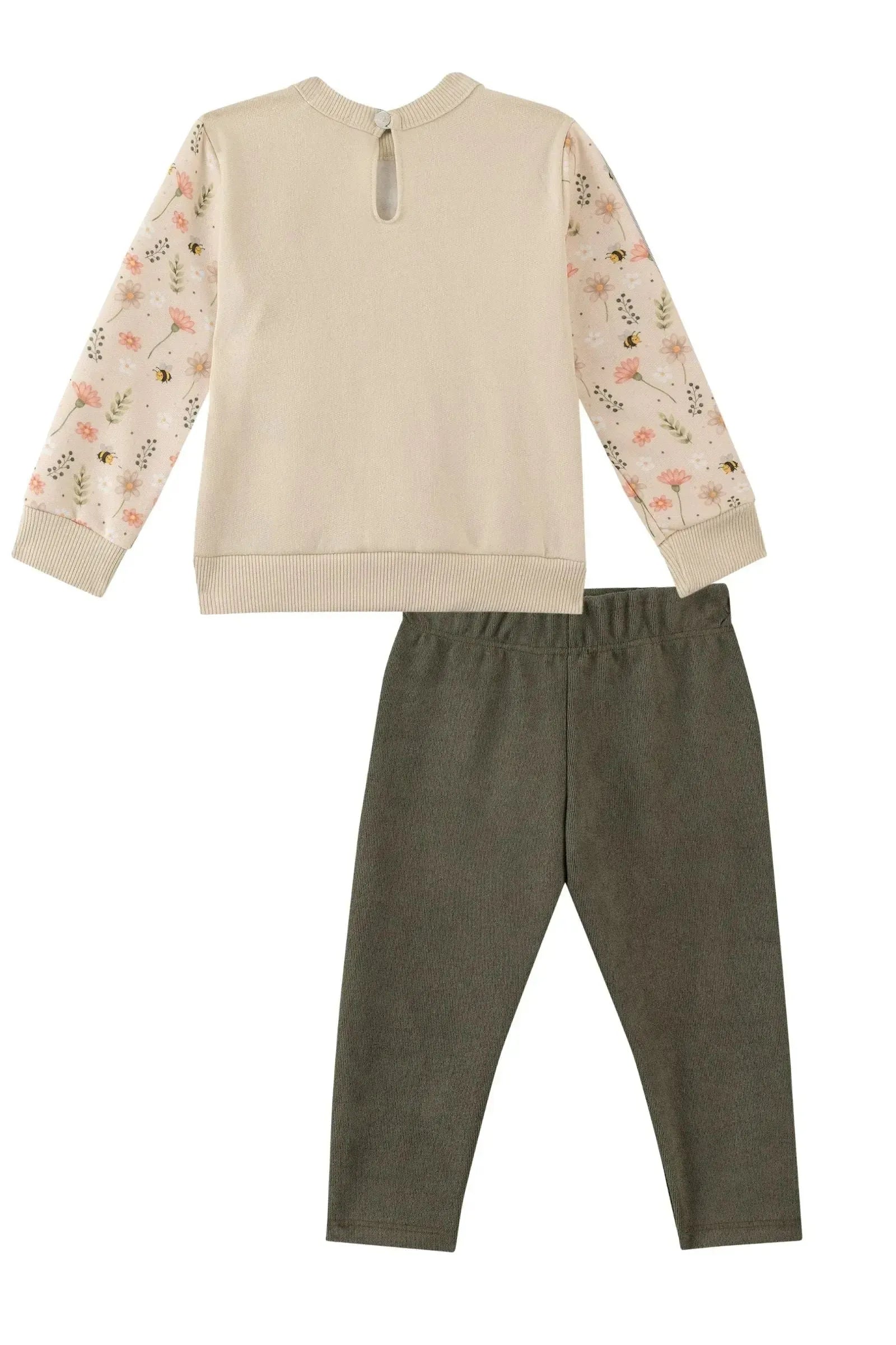 Conjunto de Blusão em Moletom com Pelúcia e Calça Legging em Cotelê Suede 90292 Kukiê Bebê Menina