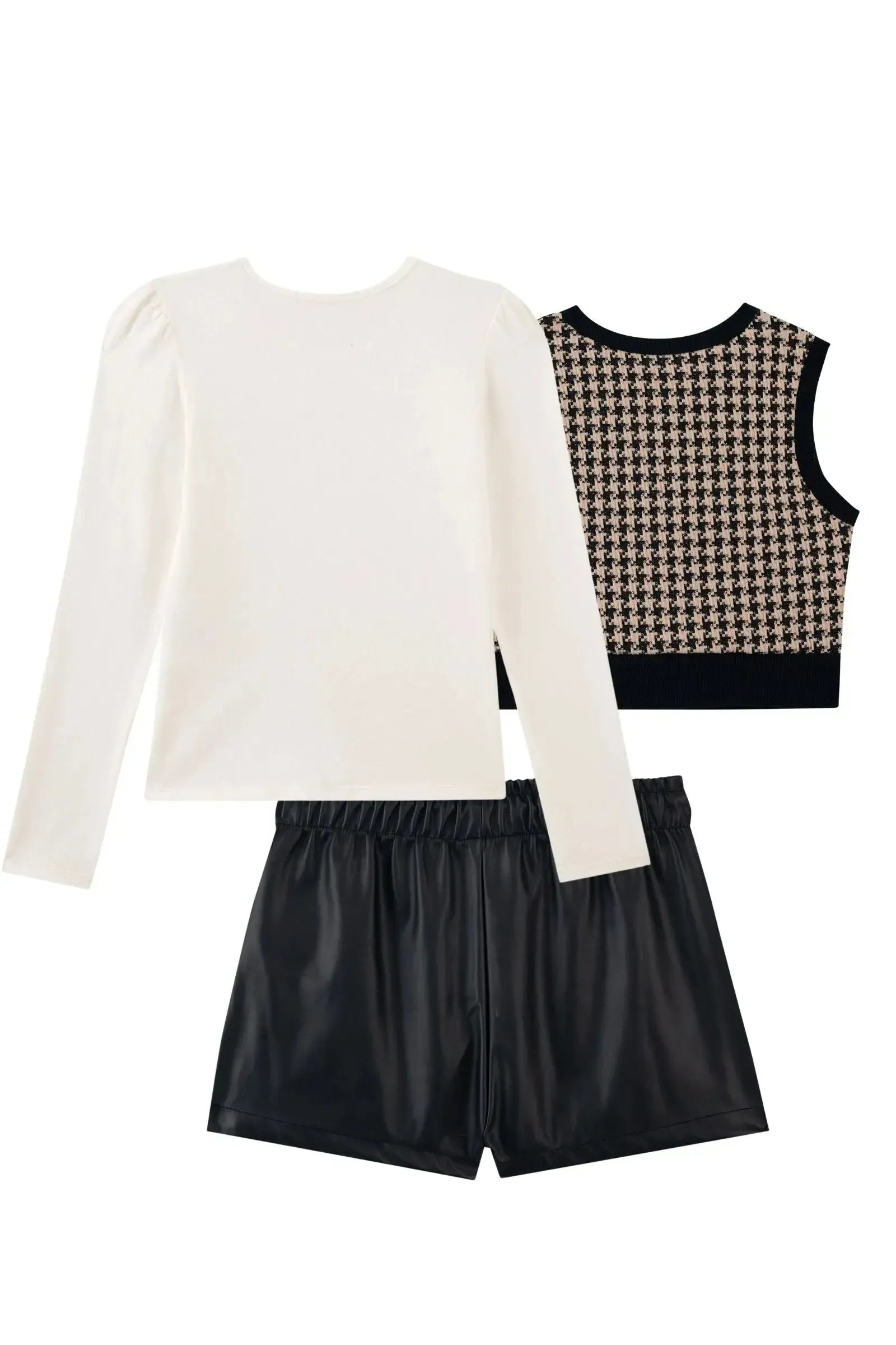 Trio de Blusa em Cotton Shorts em Couro Eco e Colete em Malha Jacquard Pied de Poule 91739 Kukiê Infantil Menina