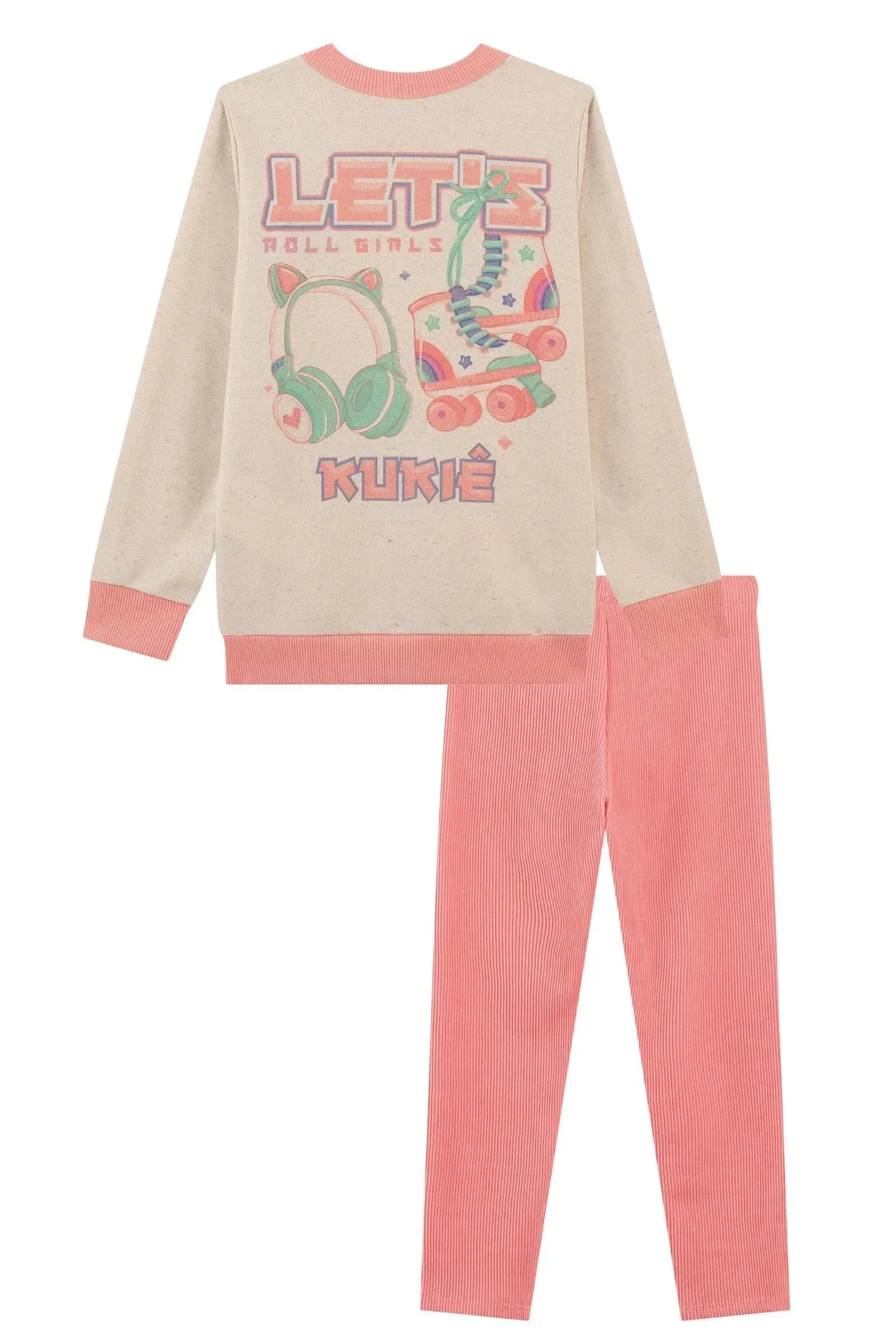 Conjunto de Blusão Alongado em Moletom Linho S/ Pelúcia e Calça Legging em Soft Line 90654 Kukiê Infantil Menina