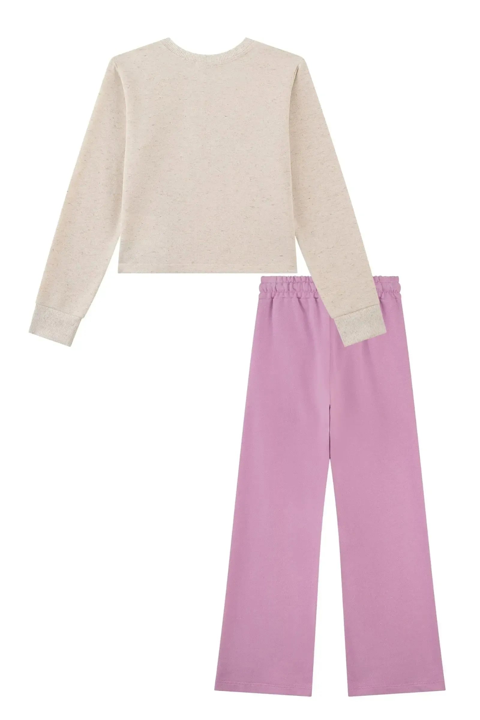Conjunto de Blusa Boxy e Calça Wide Leg em Moletom sem Pelúcia 91706 Kukiê Infantil Menina