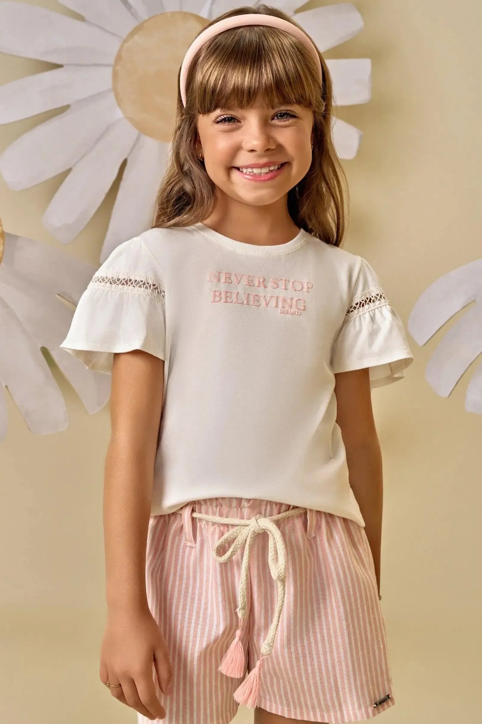 Conjunto de Blusa em Meia Malha e Shorts em Tecido Listrado 88151 Infanti Infantil Menina