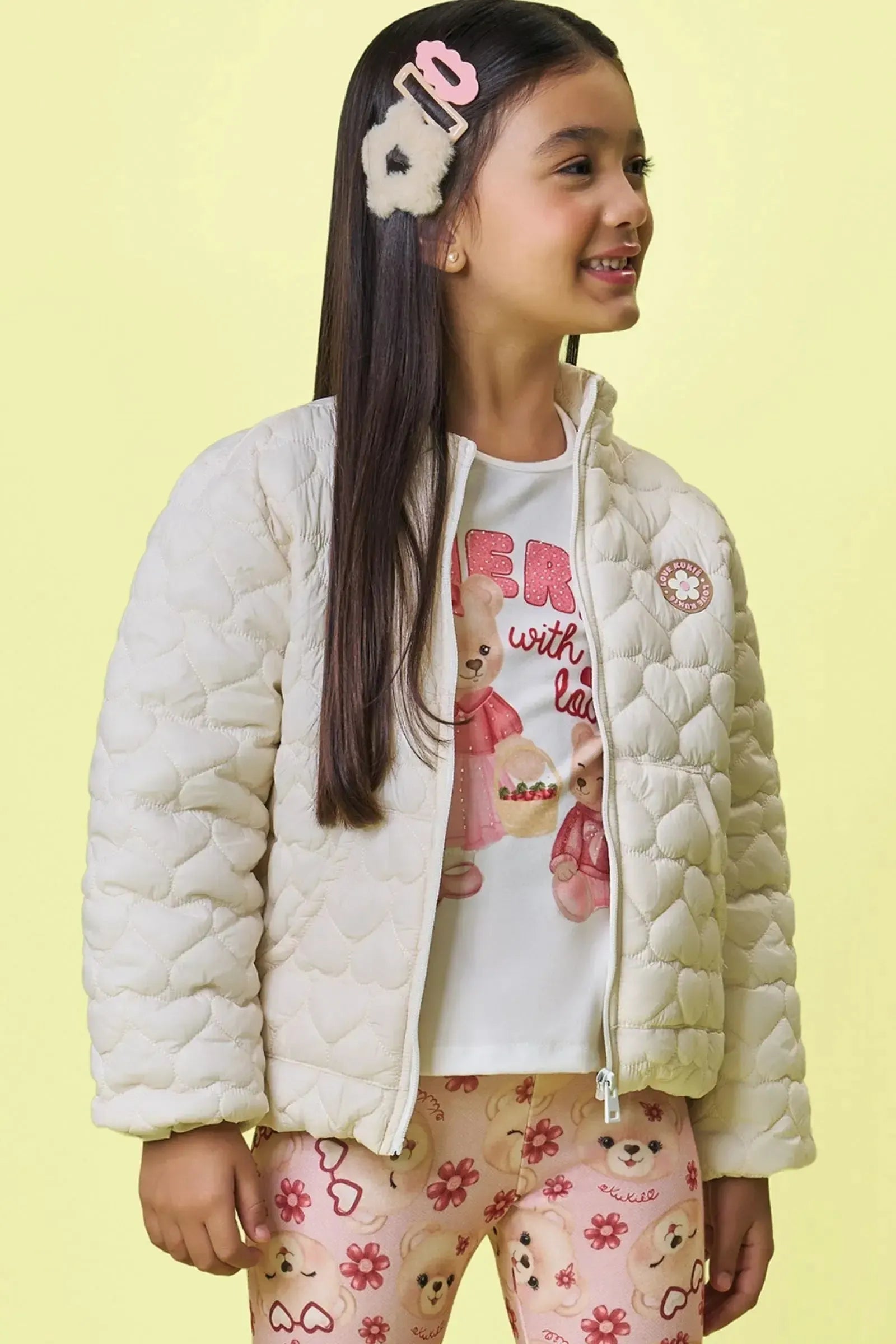 Jaqueta Puffer em Nylon Matelasse Coração 89240 Kukiê Infantil Menina