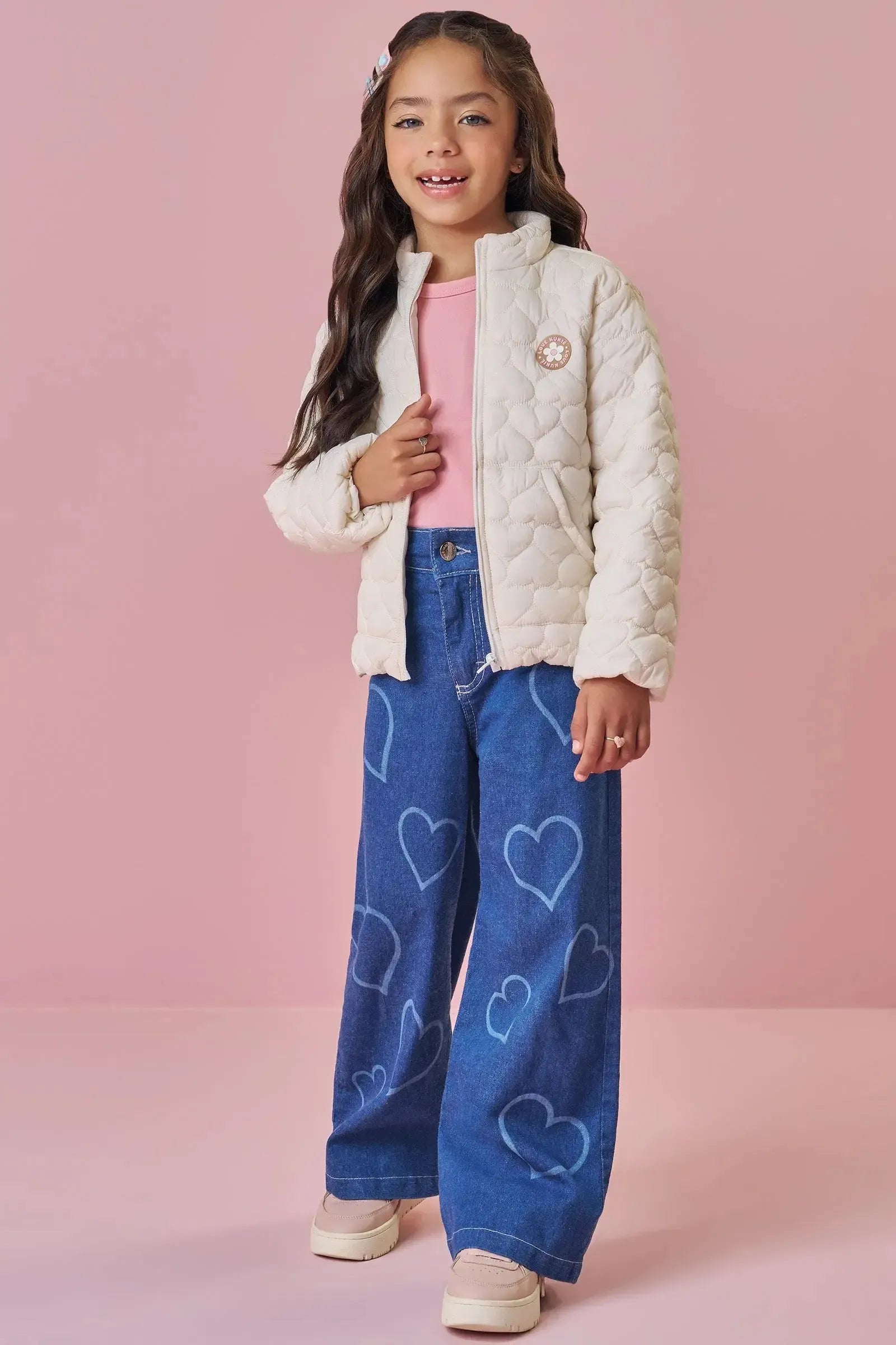 Jaqueta Puffer em Nylon Matelasse Coração 89240 Kukiê Infantil Menina