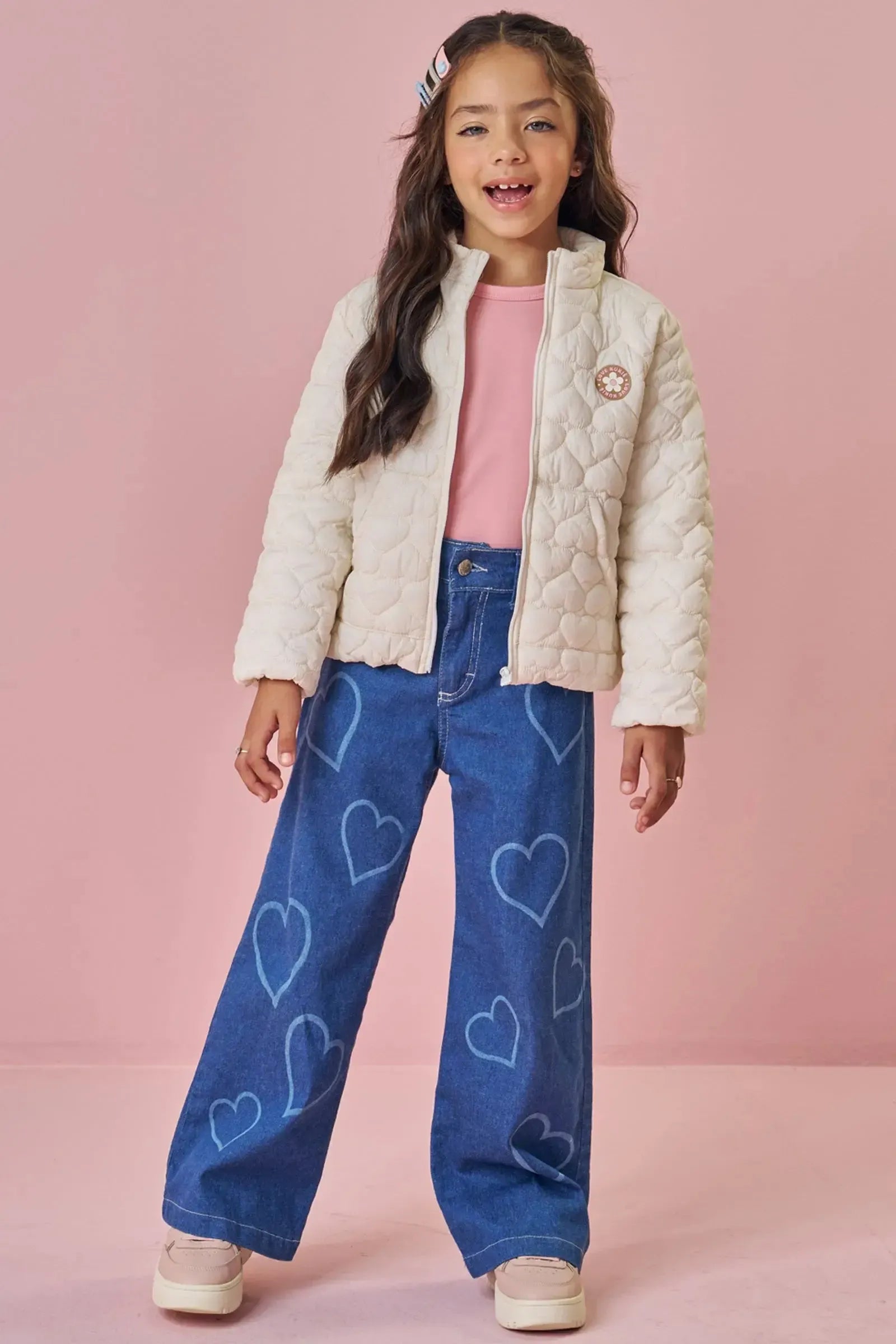 Jaqueta Puffer em Nylon Matelasse Coração 89240 Kukiê Infantil Menina