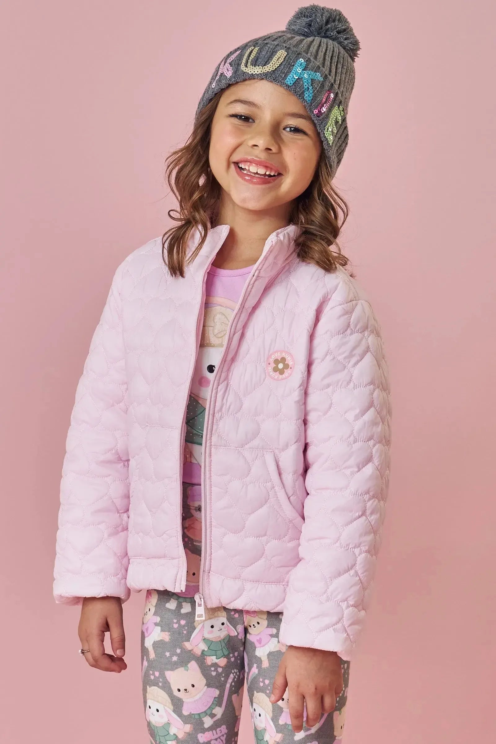 Jaqueta Puffer em Nylon Matelasse Coração 89240 Kukiê Infantil Menina