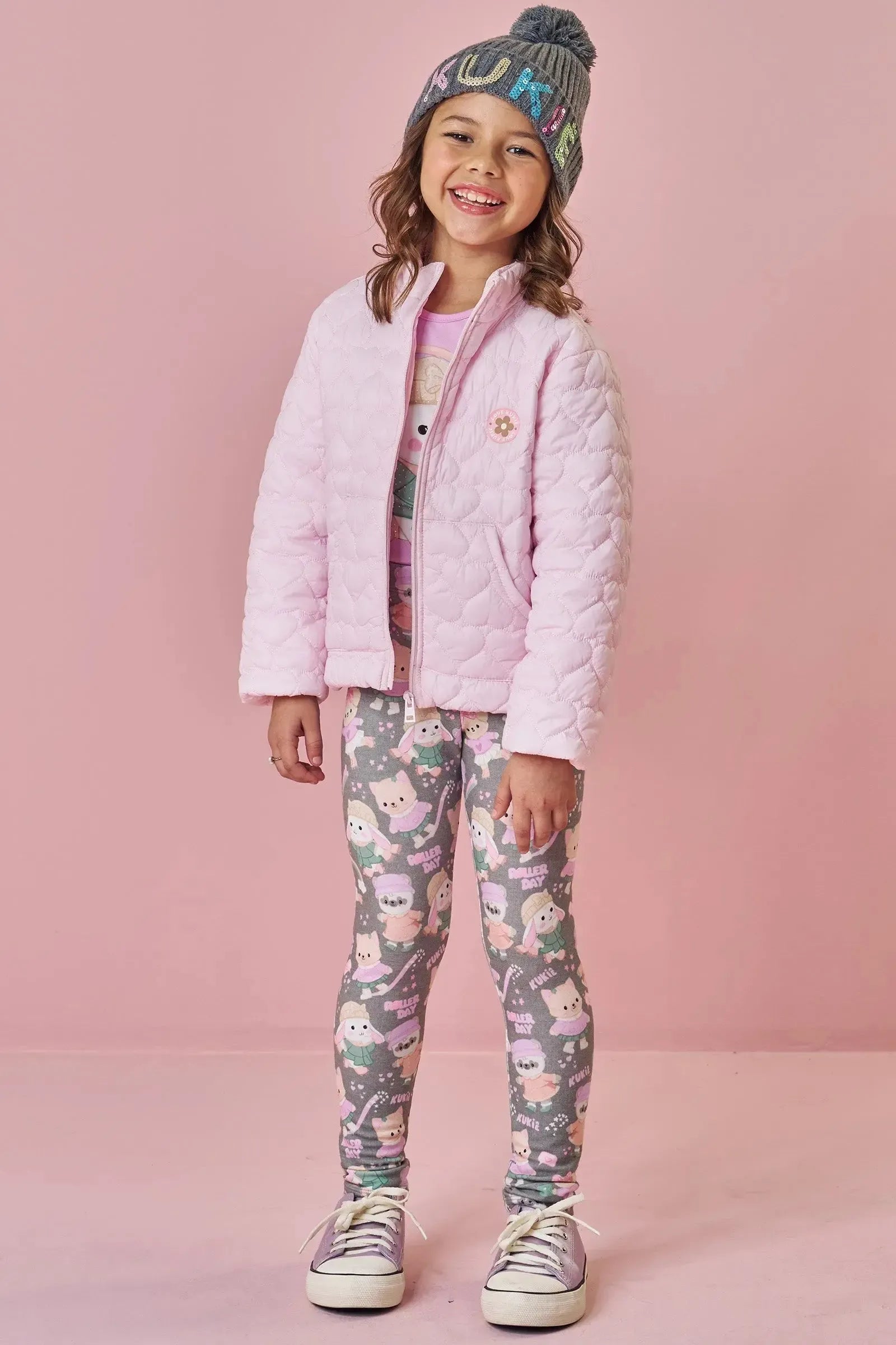 Jaqueta Puffer em Nylon Matelasse Coração 89240 Kukiê Infantil Menina