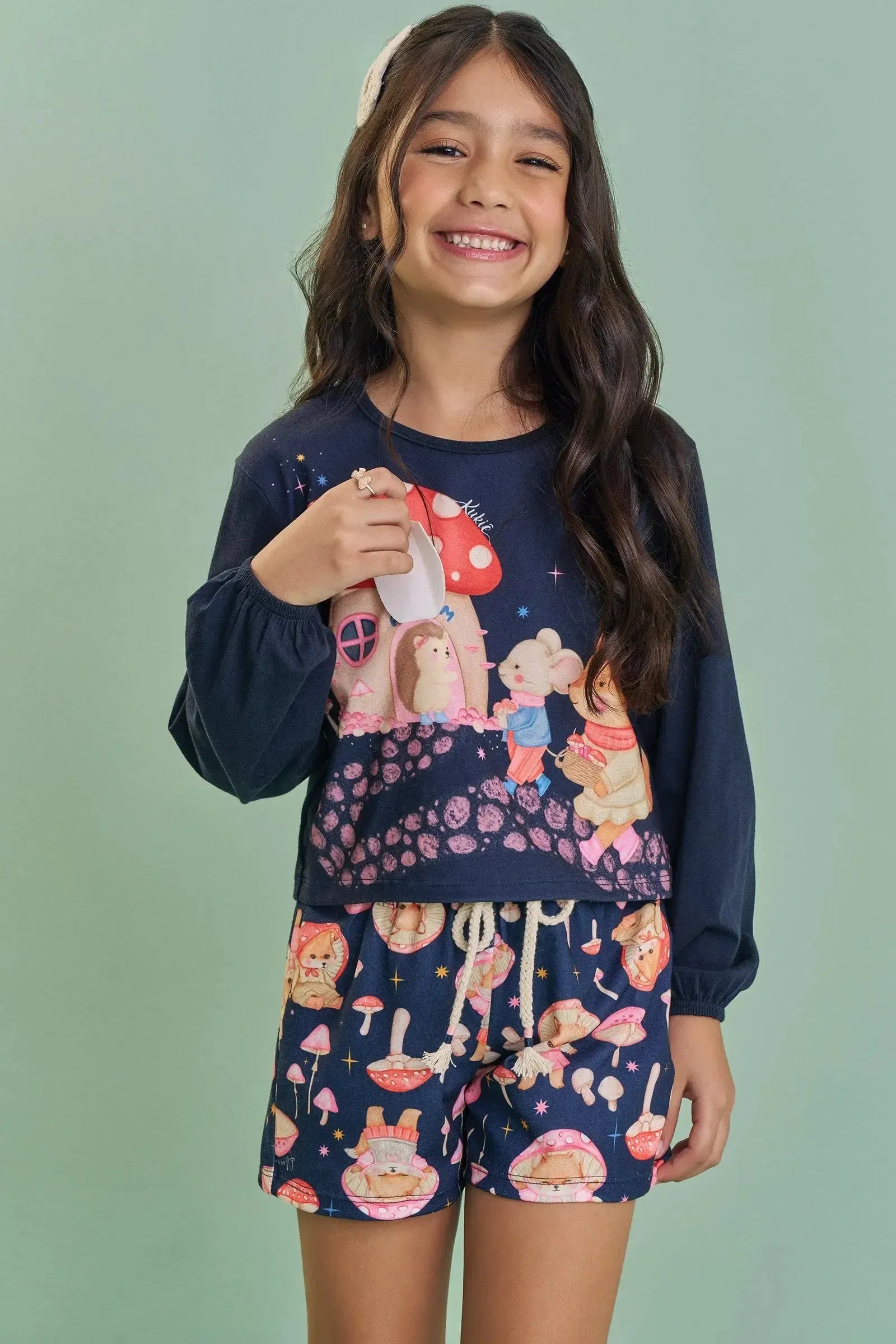 Conjunto de Blusa Boxy Over em Meia Malha e Shorts em Malha Fresh 89539 Kukiê Infantil Menina