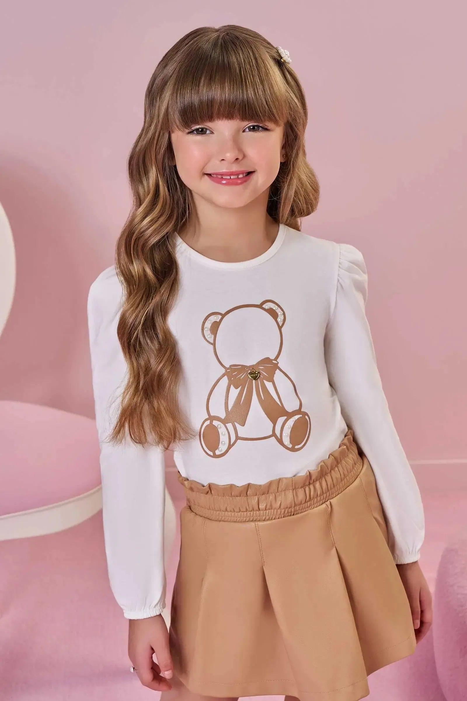 Conjunto de Blusa em Cotton e Short Saia em Couro Sintético 89746 Infanti Infantil Menina