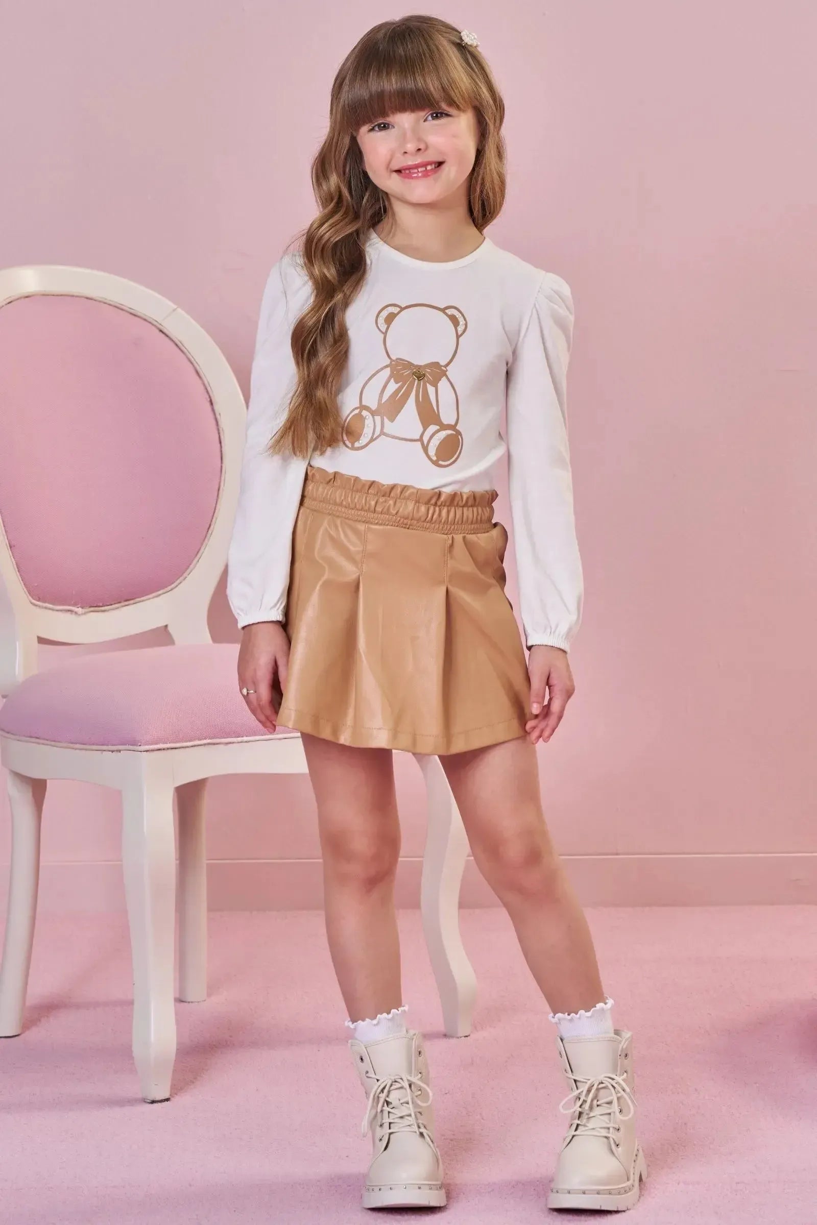 Conjunto de Blusa em Cotton e Short Saia em Couro Sintético 89746 Infanti Infantil Menina