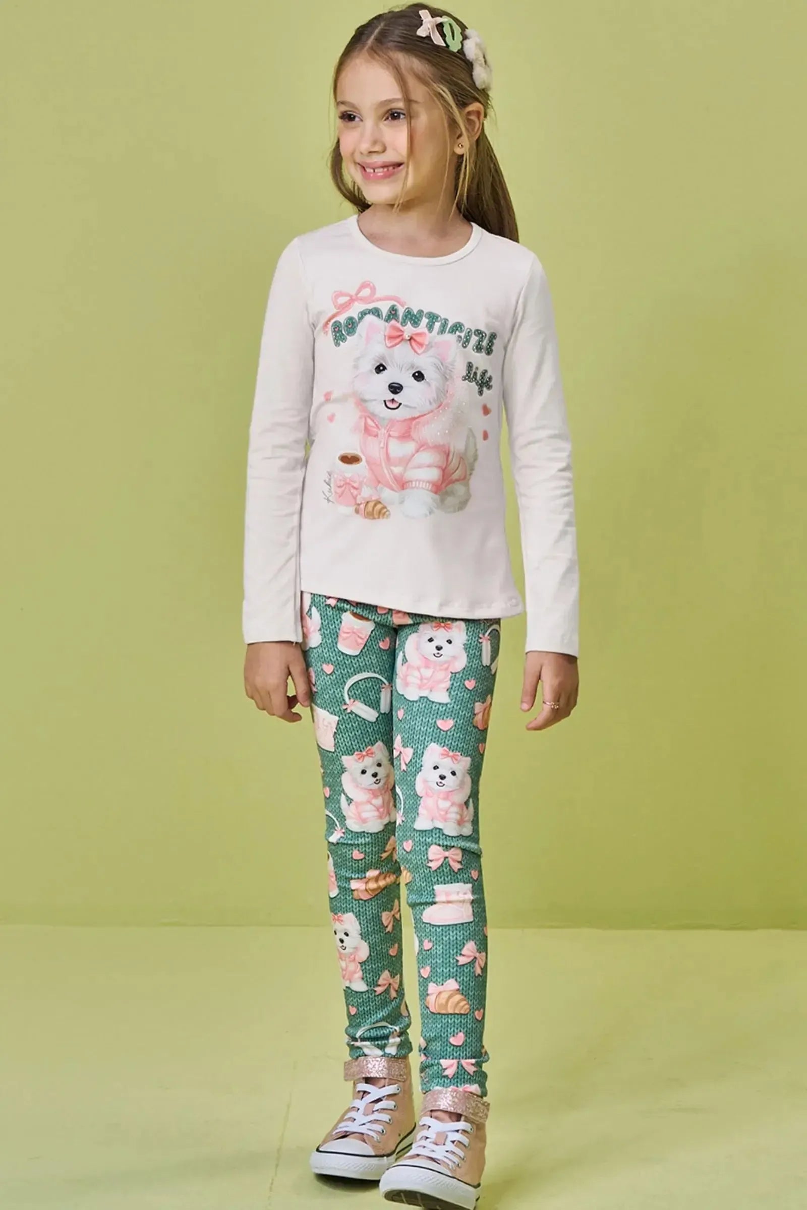 Conjunto de Blusa Alongada em Cotton e Calça Legging em Fly Tech 90303 Kukiê Infantil Menina