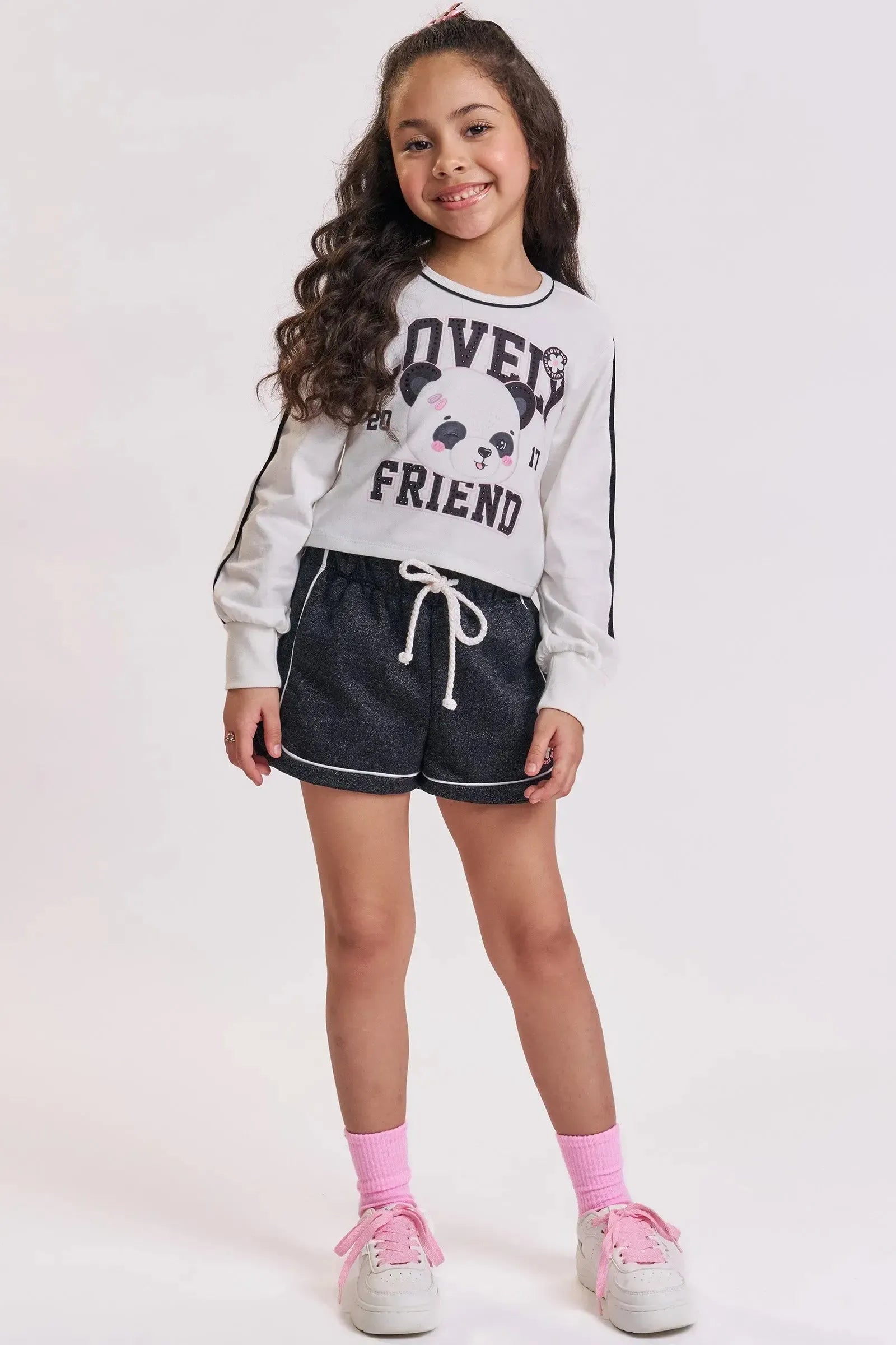 Conjunto de Blusa Boxy em Meia Malha e Shorts em Moletom Sensation 90623 Kukiê Infantil Menina