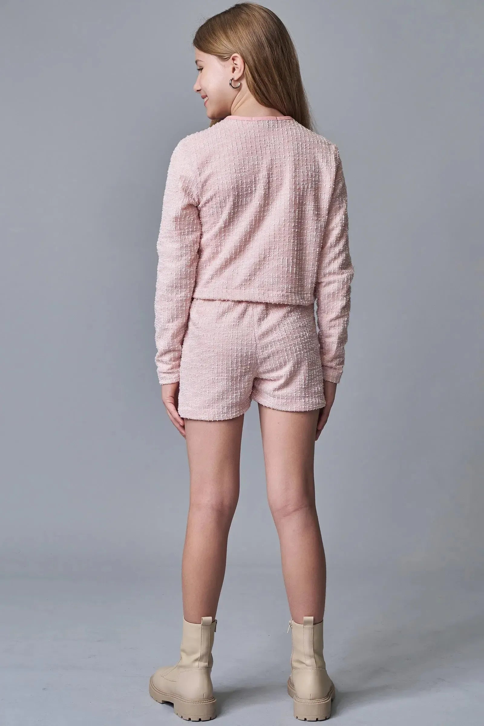 Conjunto de Jaqueta Cropped e Shorts em Tweed London e Couro Sintético 90720 Lilimoon Teen Menina