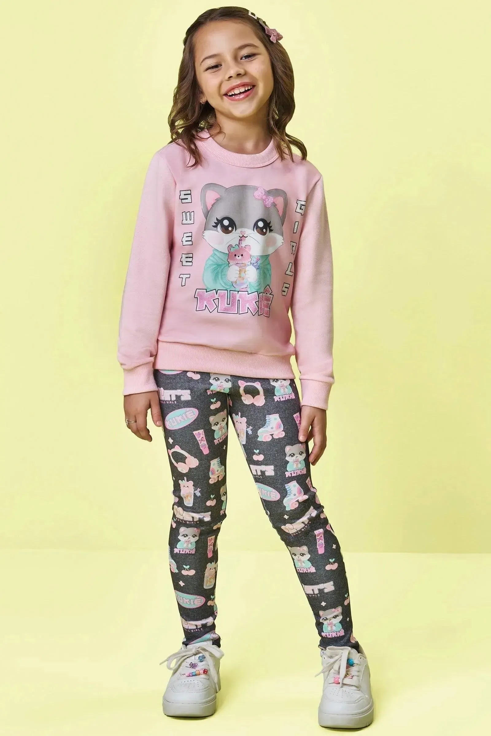 Conjunto de Blusão em Moletom sem Pelúcia e Calça Legging em Fly Tech 90805 Kukiê Infantil Menina