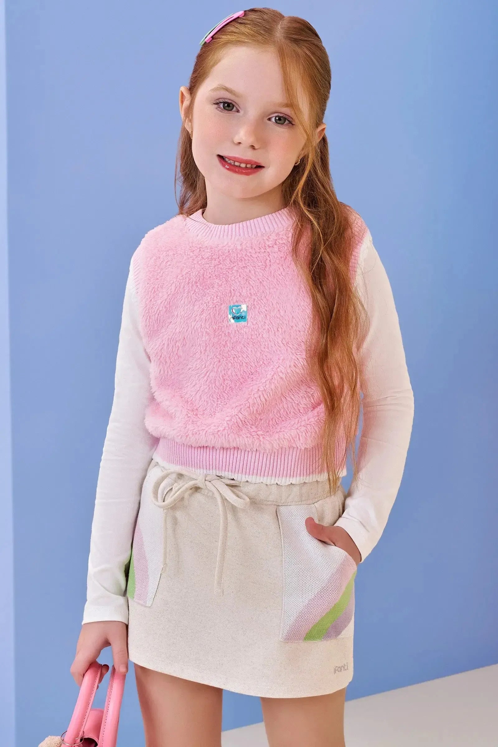 Trio de Blusa em Cotton Colete em Pelo Carneirinho e Short Saia em Moletom sem Pelúcia 90831 Infanti Infantil Menina