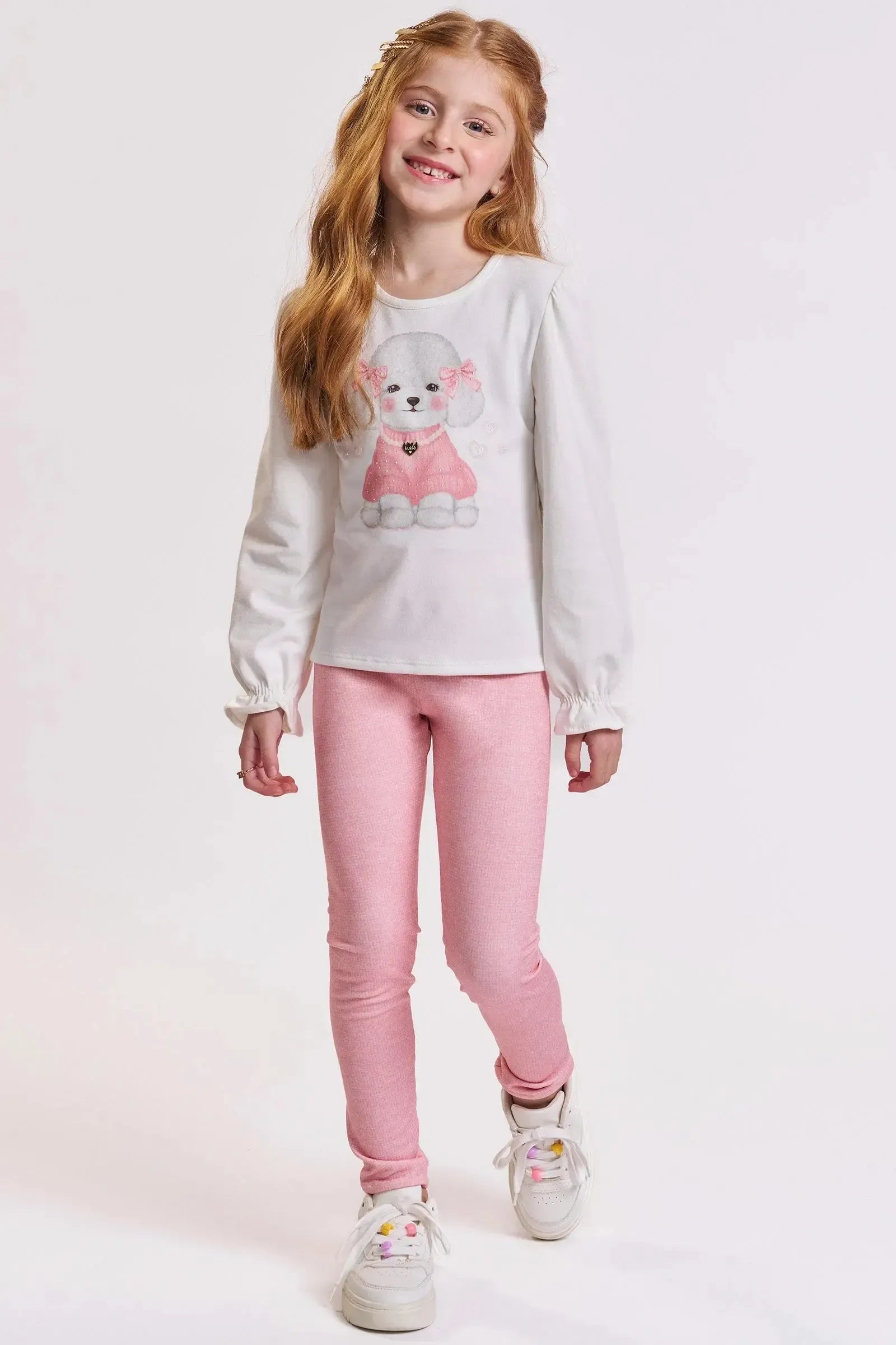 Conjunto de Blusa em Cotton e Calça Legging em Molecotton 90923 Kukiê Infantil Menina