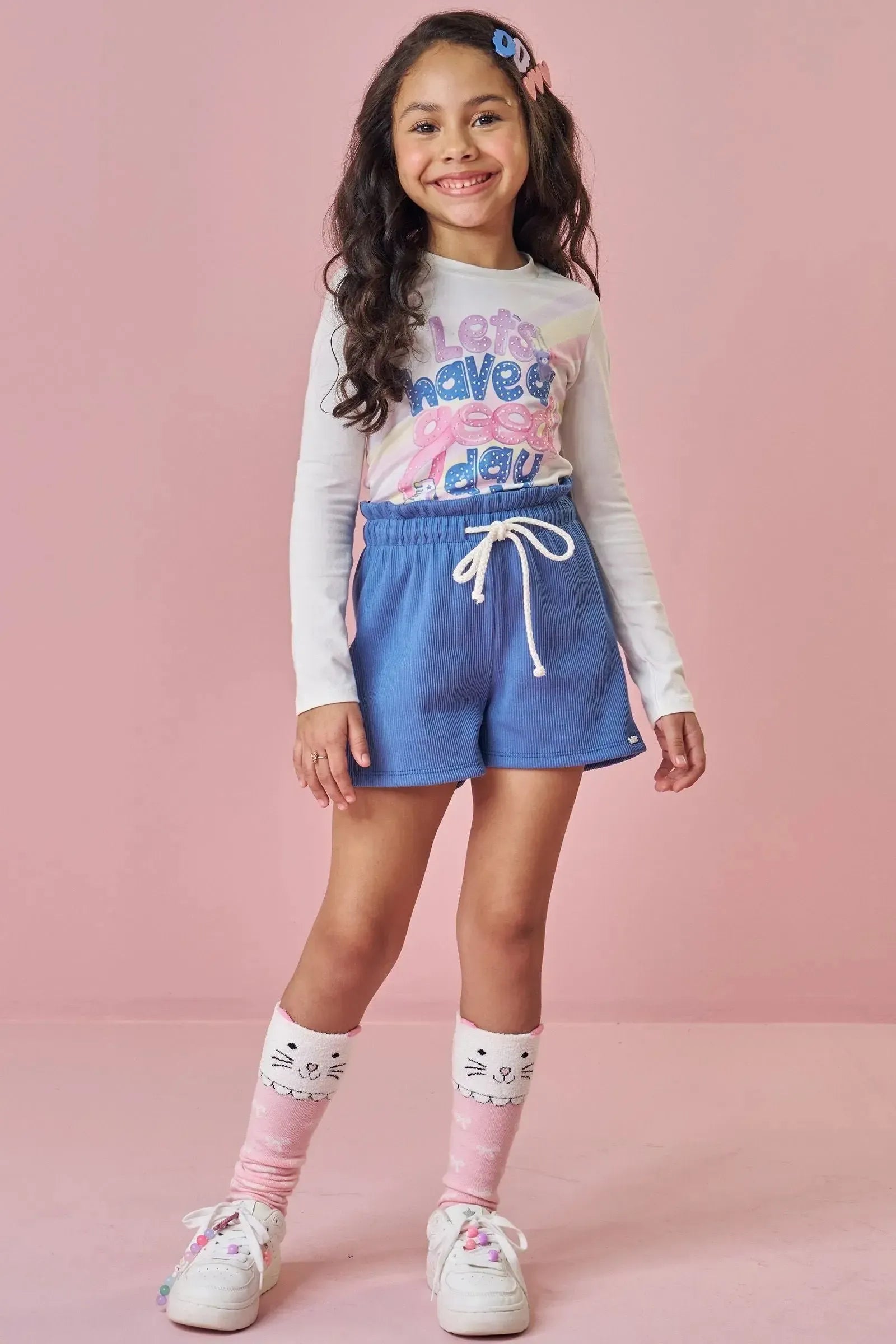 Conjunto de Blusa em Cotton e Shorts em Soft Line 91675 Kukiê Infantil Menina