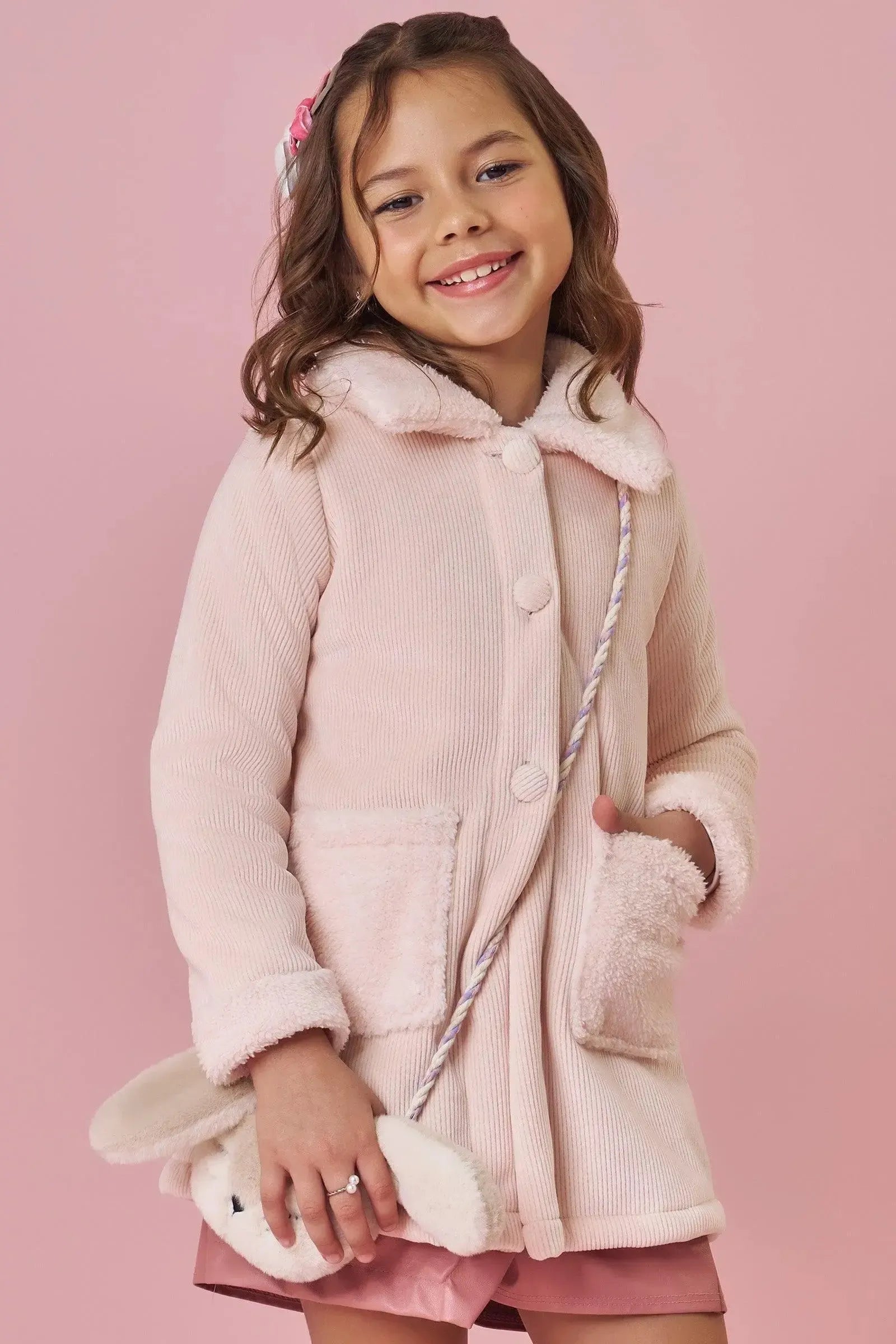 Sobretudo em Veludo Cotelê Dublado com Pelo Carneirinho 91678 Kukiê Infantil Menina