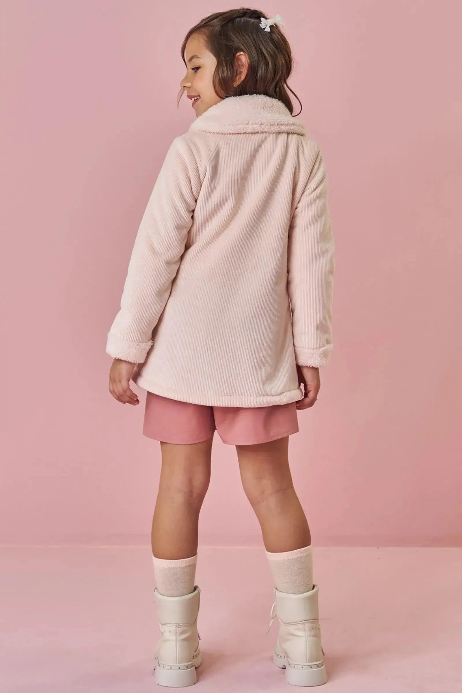 Sobretudo em Veludo Cotelê Dublado com Pelo Carneirinho 91678 Kukiê Infantil Menina