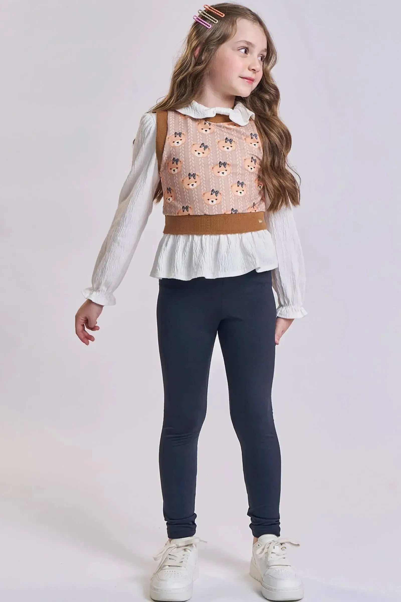 Trio de Bata em Malha Wave Calça Legging em Termoskin e Colete em Molecotton 91746 Kukiê Infantil Menina