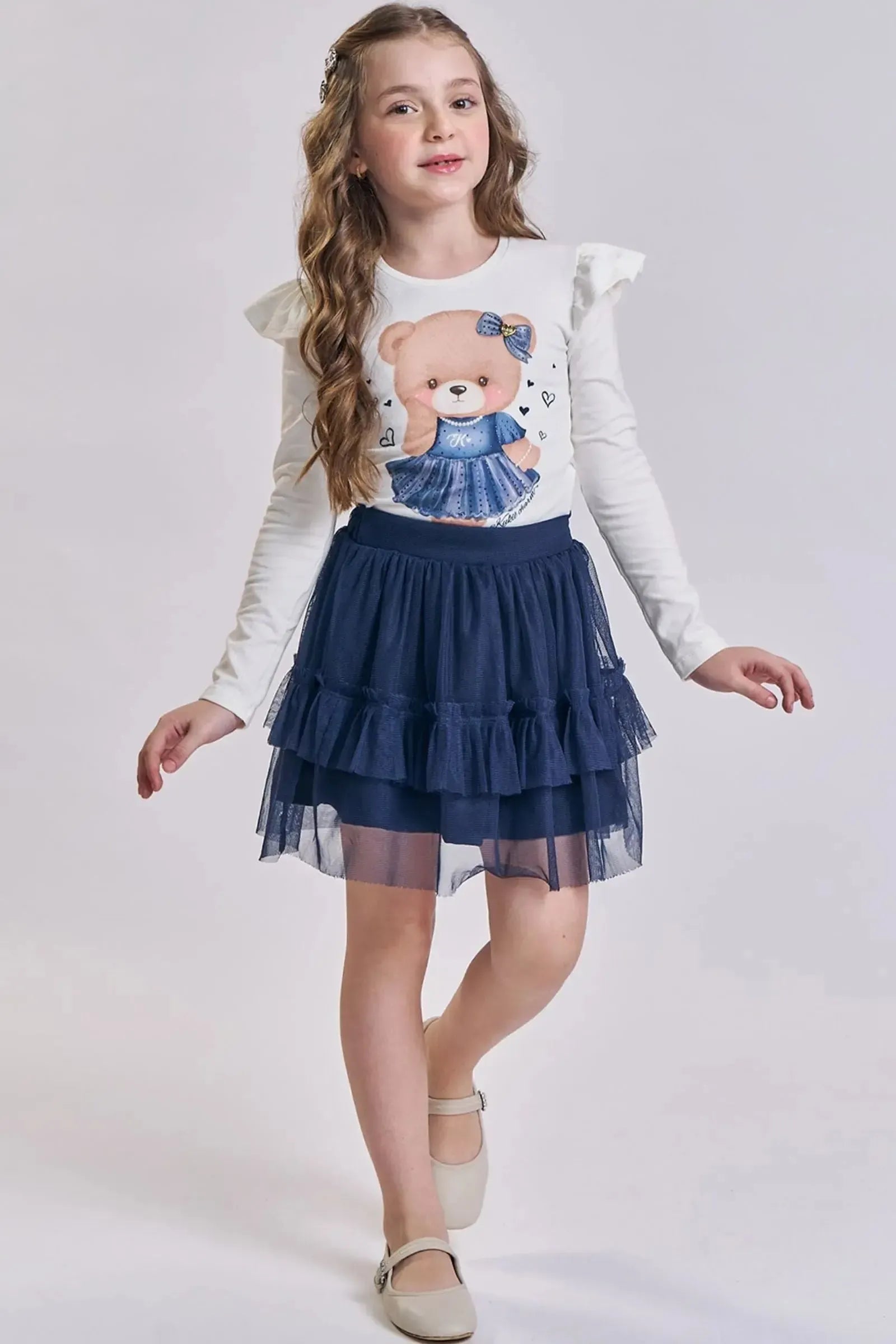 Conjunto de Blusa em Cotton e Saia em Tule com Elastano (com Shorts Embutido) 91858 Kukiê Infantil Menina