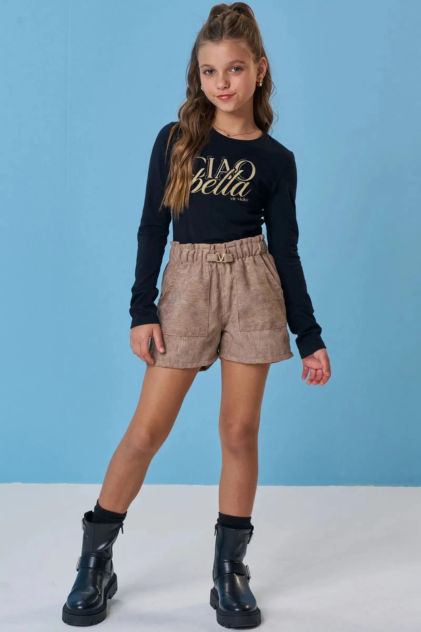 Conjunto de Blusa em Cotton e Shorts em Veludo Cotelê Gold 91977 Vic&Vicky Teen Menina