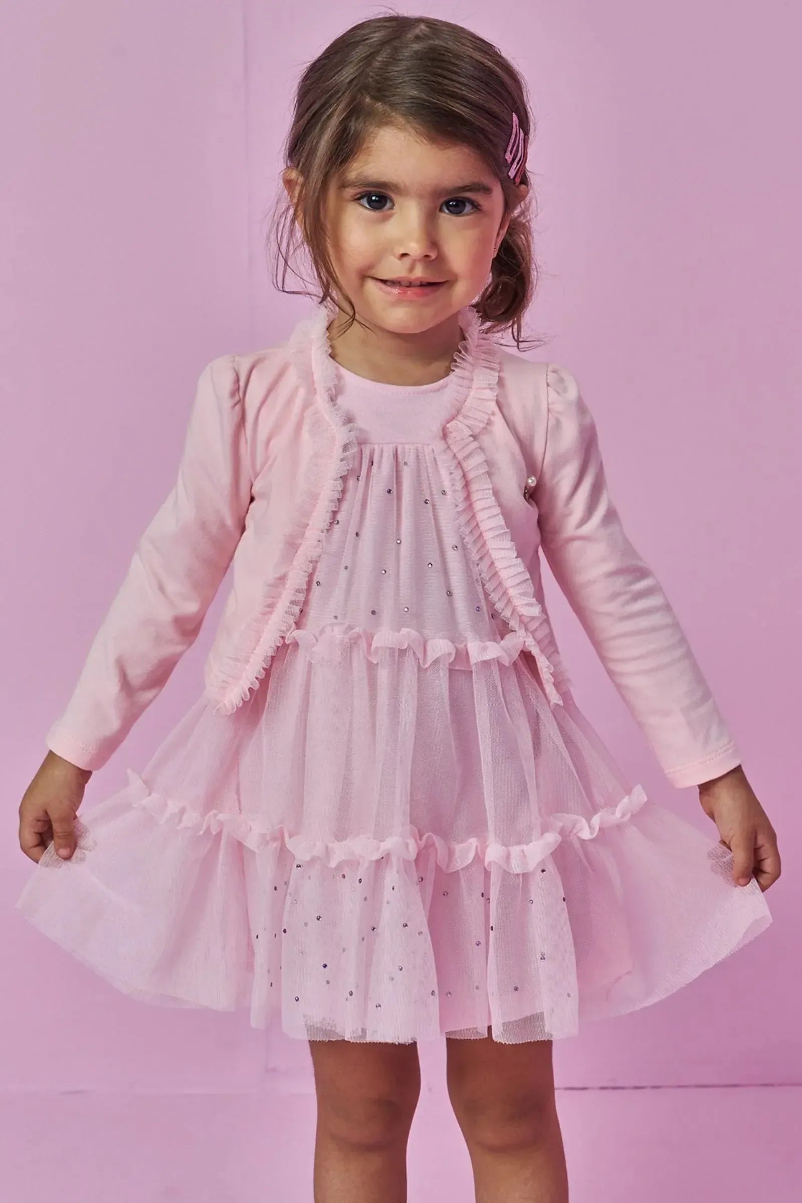 Vestido em Tule com Elastano e Casaqueto em Cotton 92145 Kukiê Bebê Menina