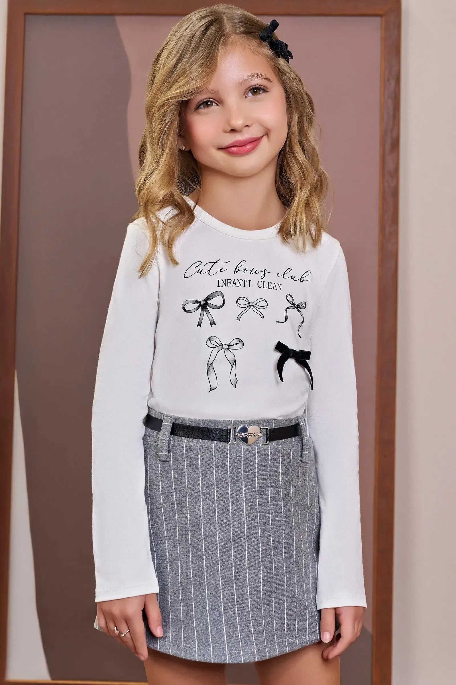 Conjunto de Blusa em Cotton e Short Saia em Malhão Listrado 92181 Infanti Infantil Menina