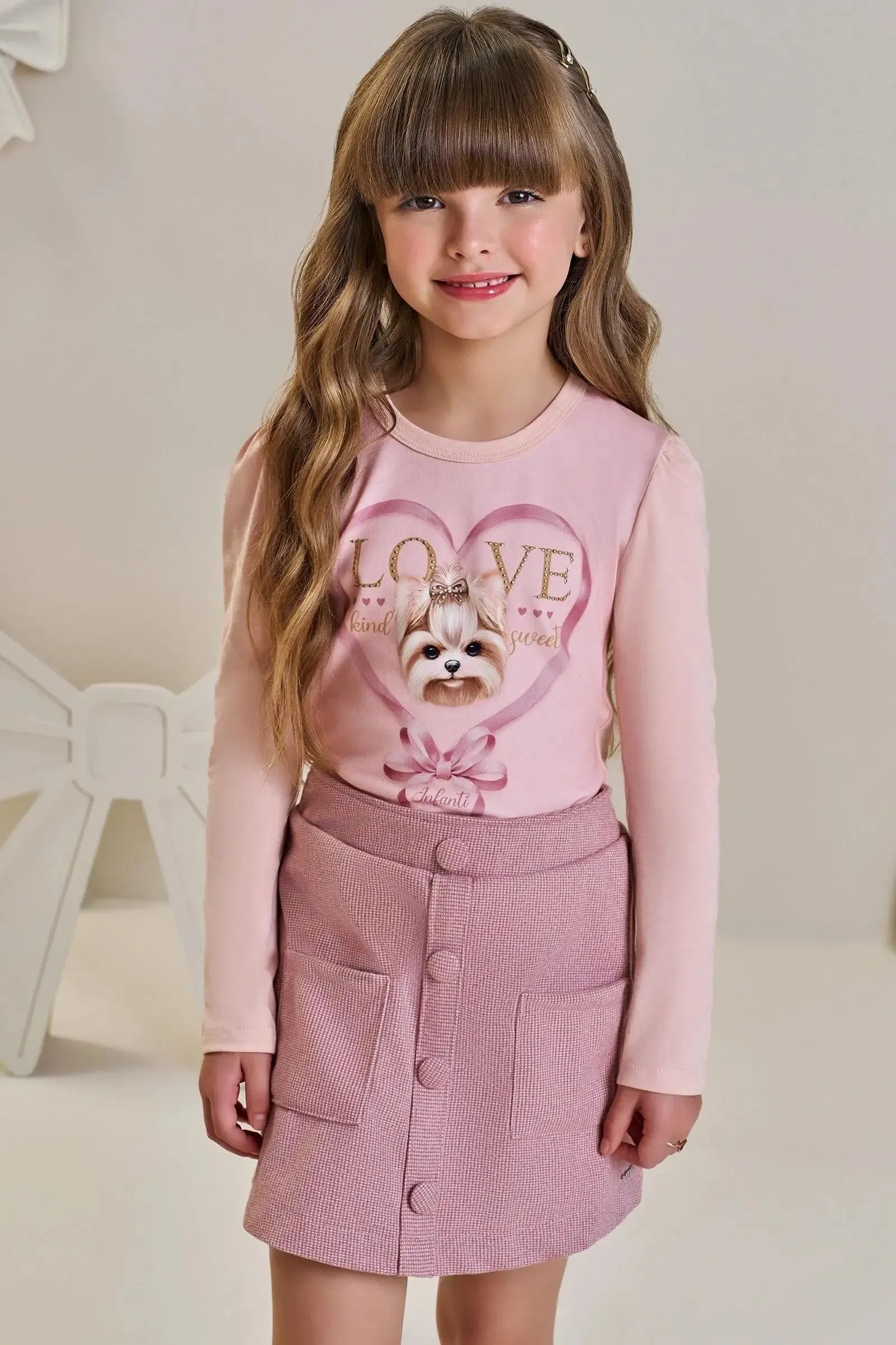 Conjunto de Blusa em Cotton e Saia em Lã Batida com Shorts Embutido 92193 Infanti Infantil Menina