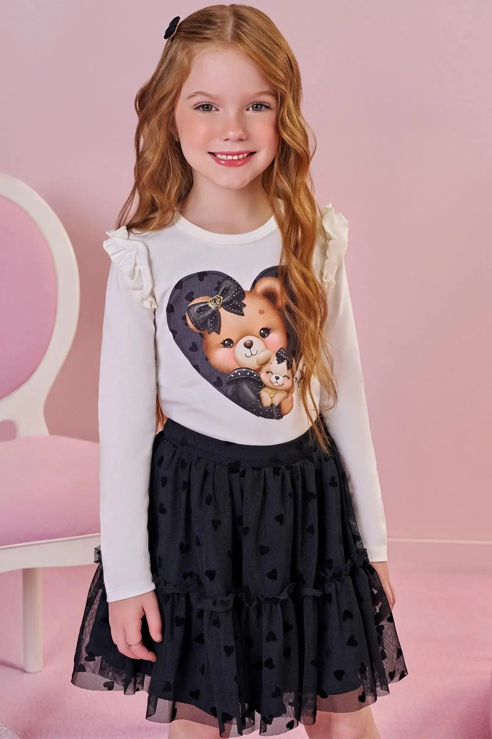 Conjunto de Blusa em Cotton e Saia em Tule Flocking Coração. Com Shorts Embutido 92371 Infanti Infantil Menina