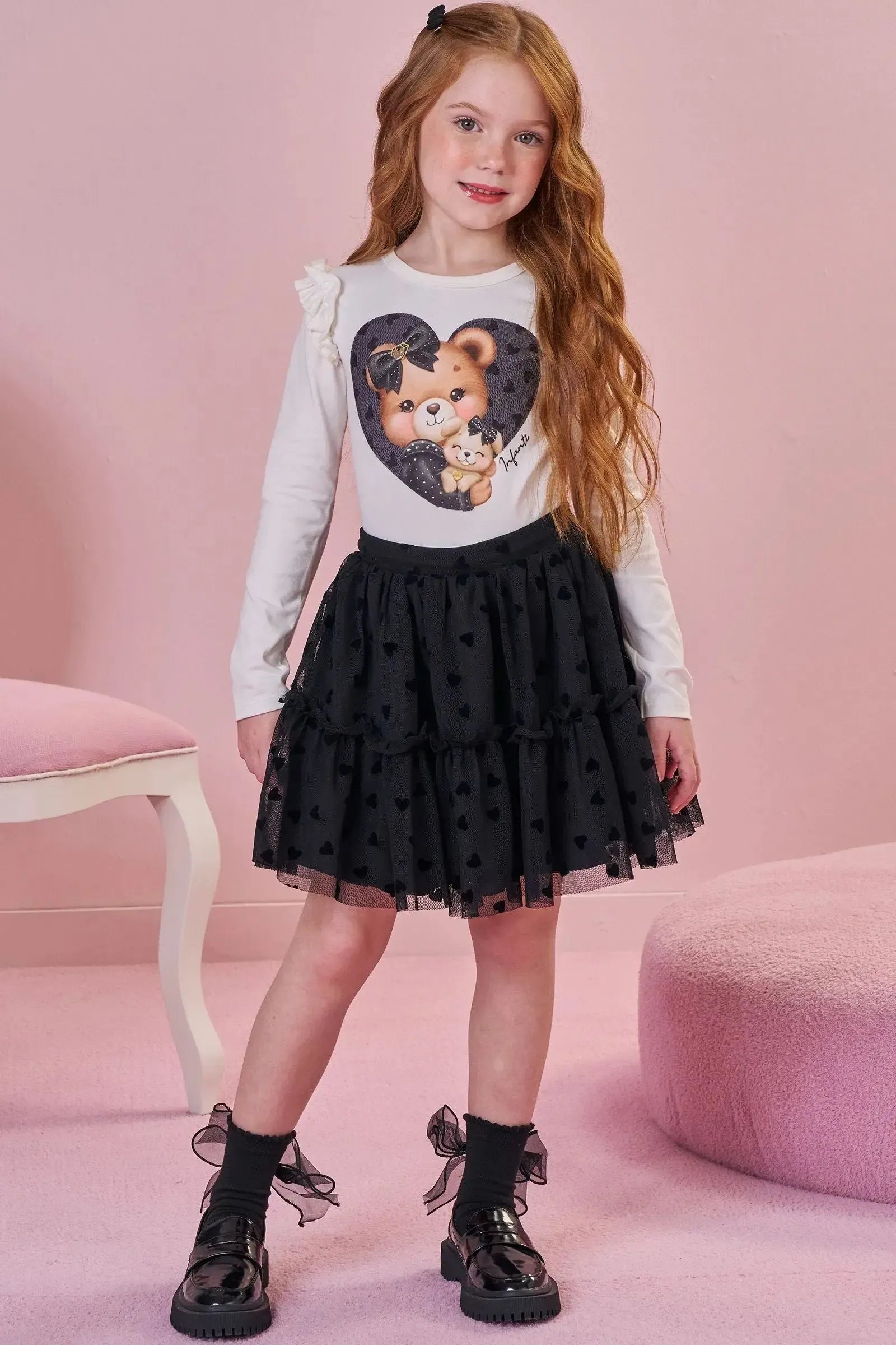 Conjunto de Blusa em Cotton e Saia em Tule Flocking Coração. Com Shorts Embutido 92371 Infanti Infantil Menina